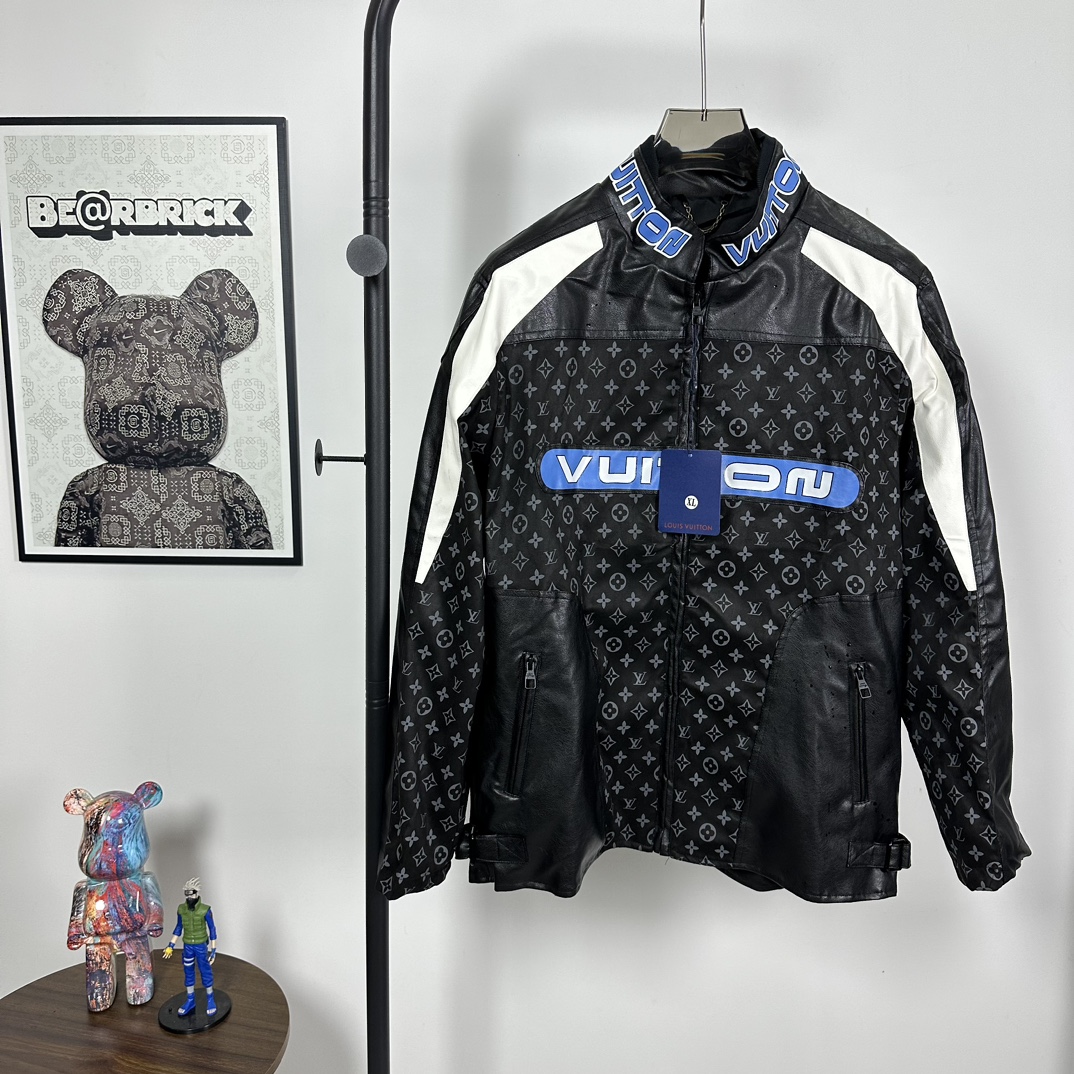 LV runway style patchwork color-blocking off-road racing style motorcycle leather jacket