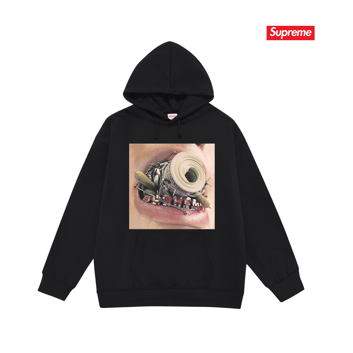 Close up of mouth, creative printed hooded sweatshirt