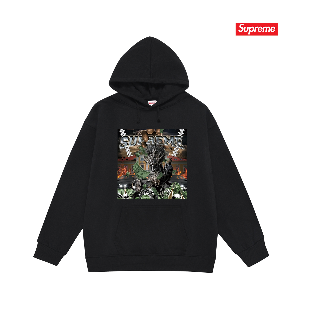High quality mechanical dragon print flower hooded sweatshirt