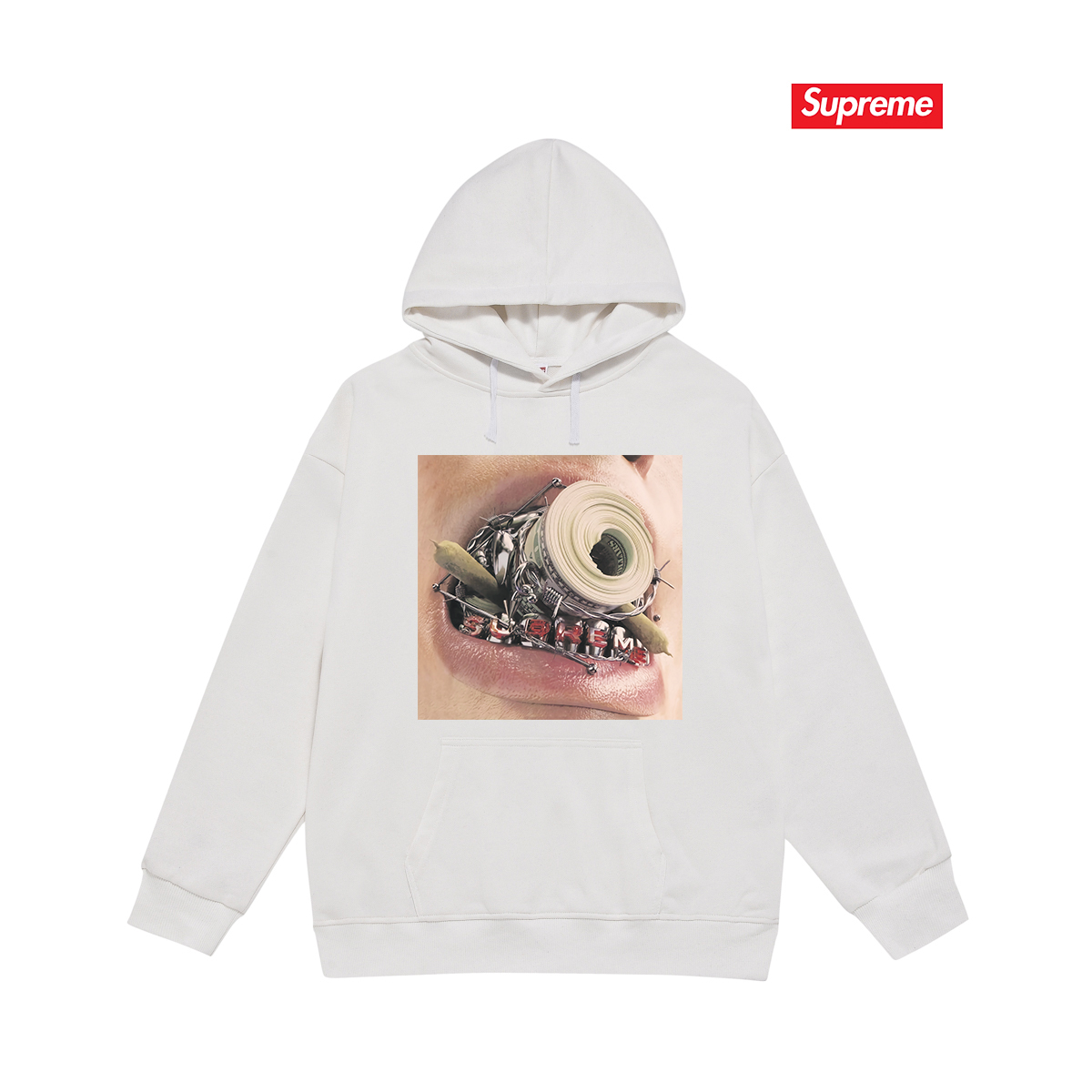 Close up of mouth, creative printed hooded sweatshirt