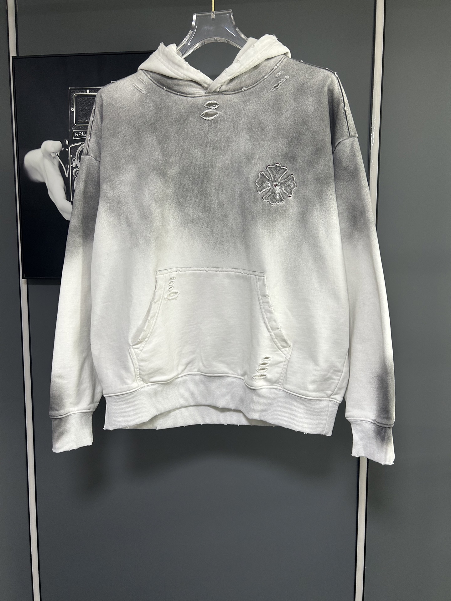 2025 Style Cross Appliqué Embroidery American Acid-Washed Vintage Laser Burned Pattern Appliqué Embroidery Casual Hooded Hoodie