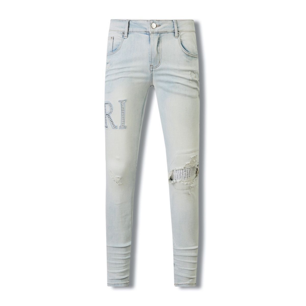 1:1 light blue ripped rhinestone jeans