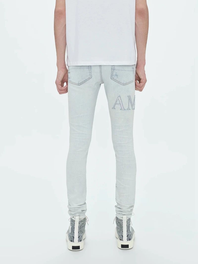 1:1 light blue ripped rhinestone jeans