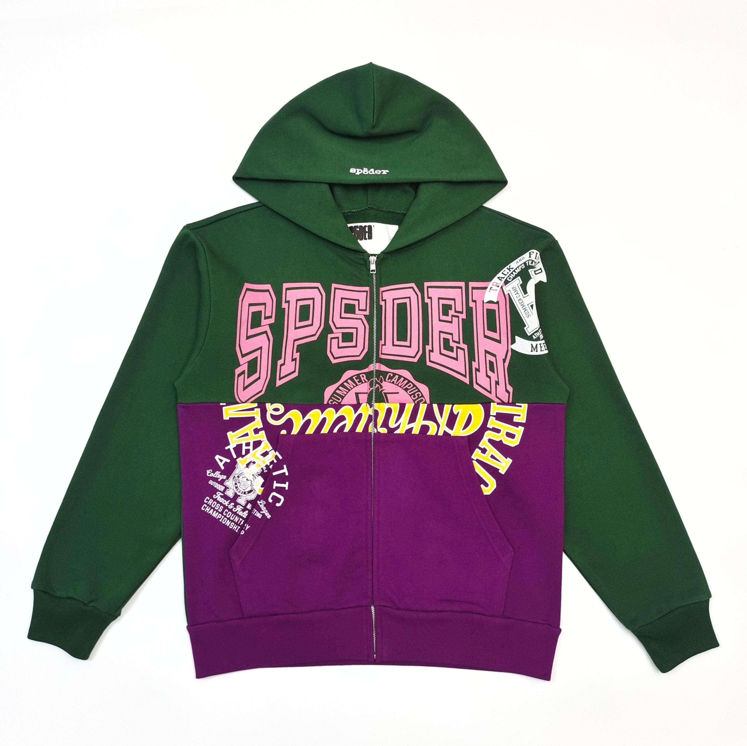 A green and purple color-blocked zipper hooded sweatshirt
