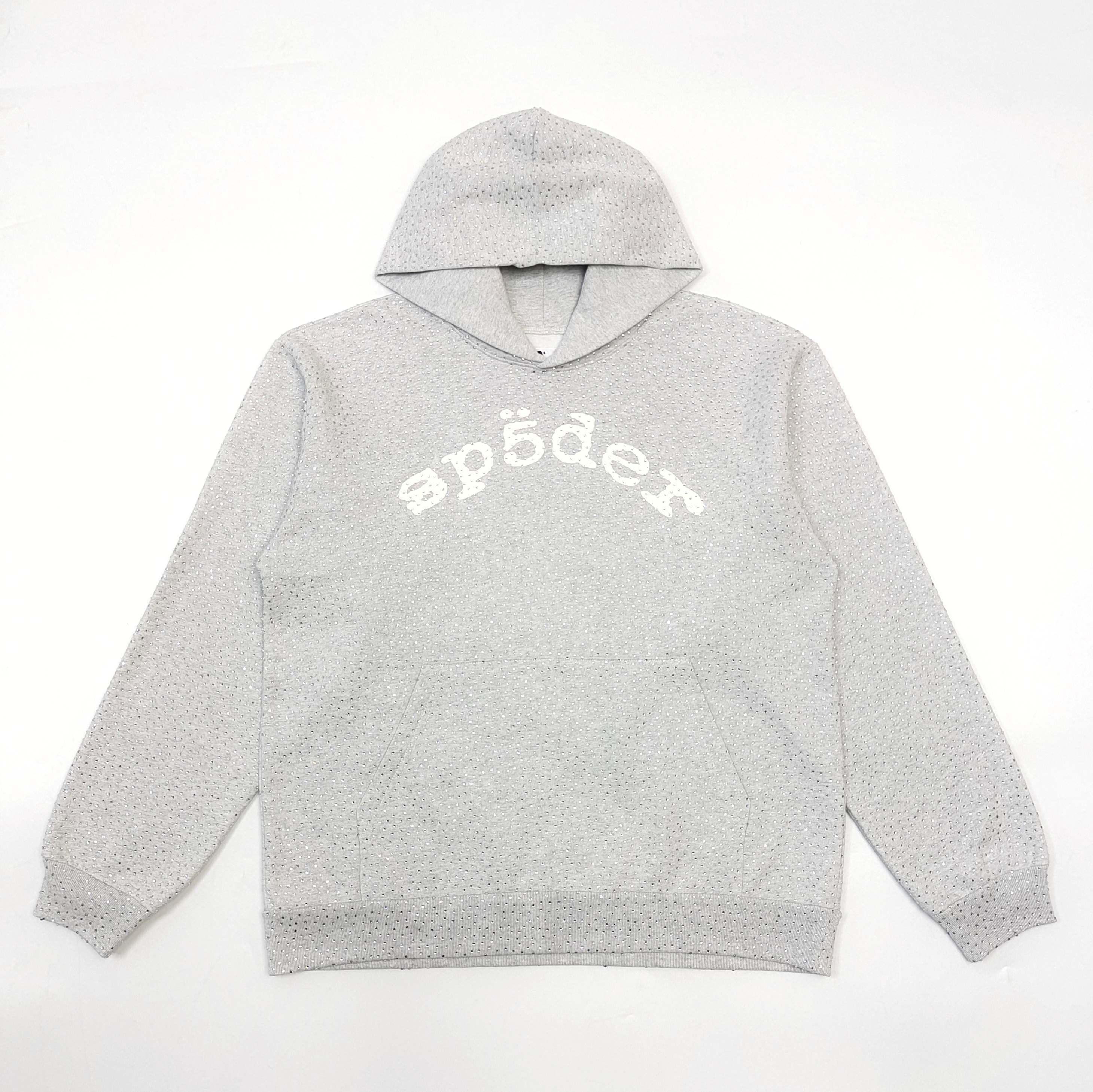 A light grey hooded sweatshirt full of diamonds