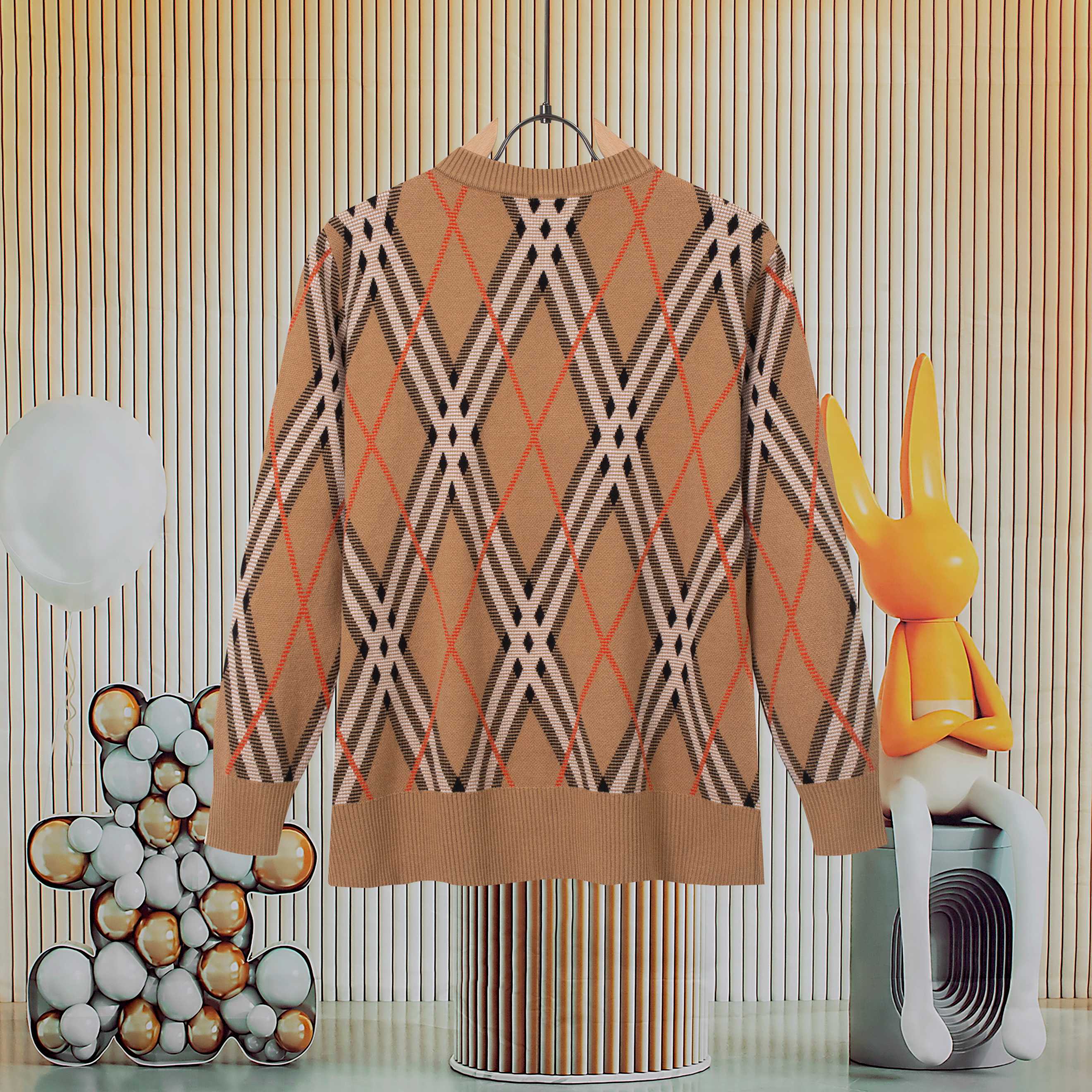 Color-Blocked Diagonal Check Crewneck Sweater