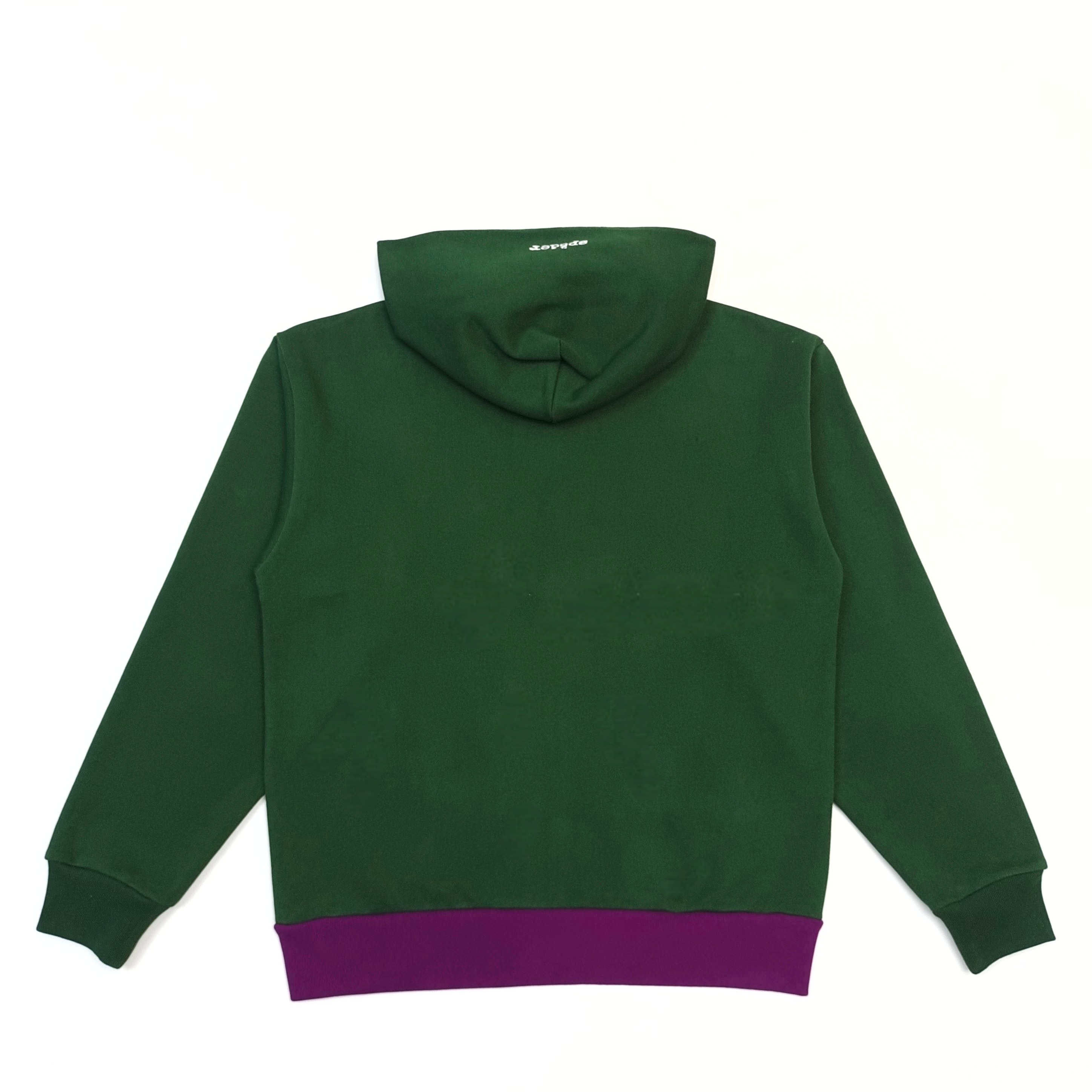A green and purple color-blocked zipper hooded sweatshirt
