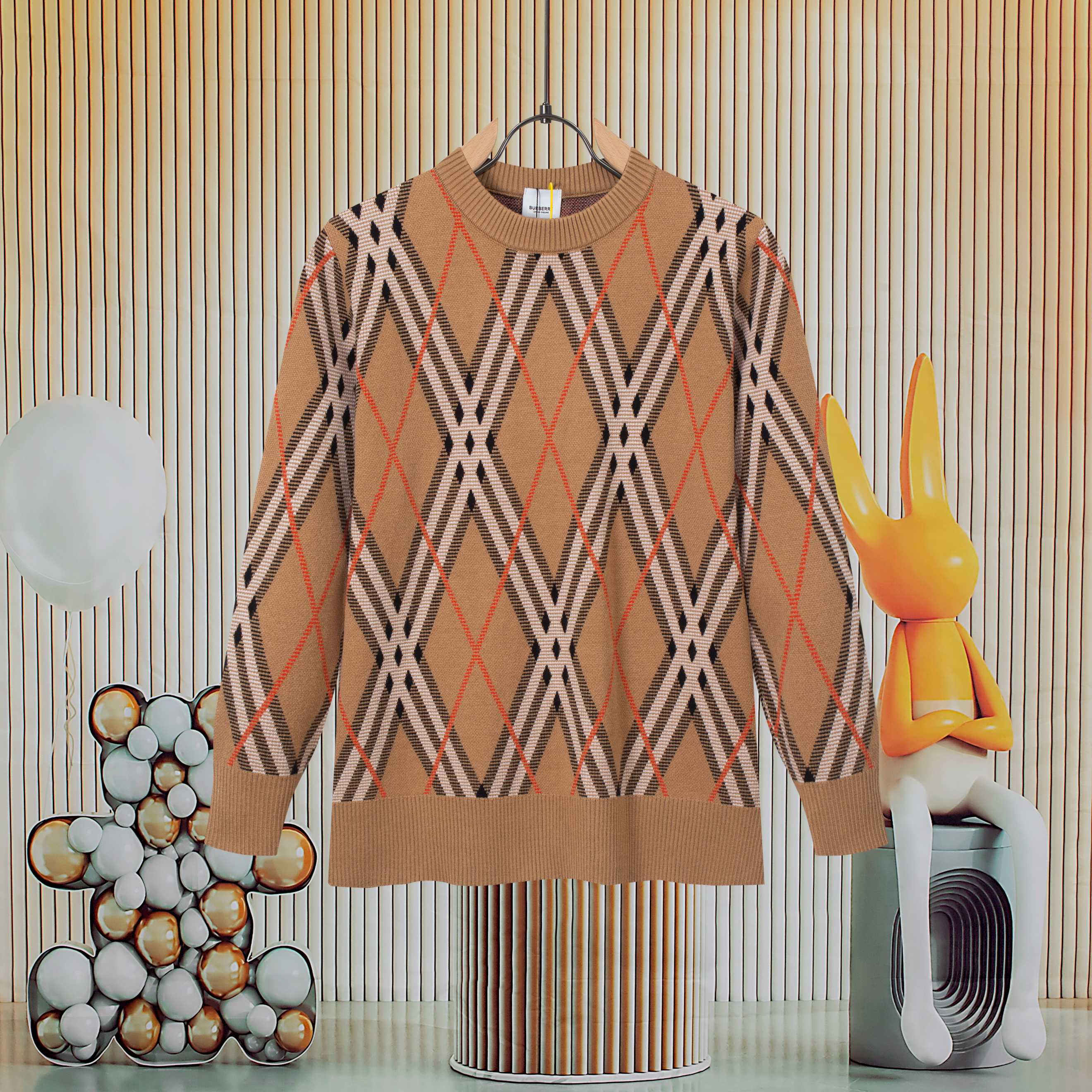 Color-Blocked Diagonal Check Crewneck Sweater