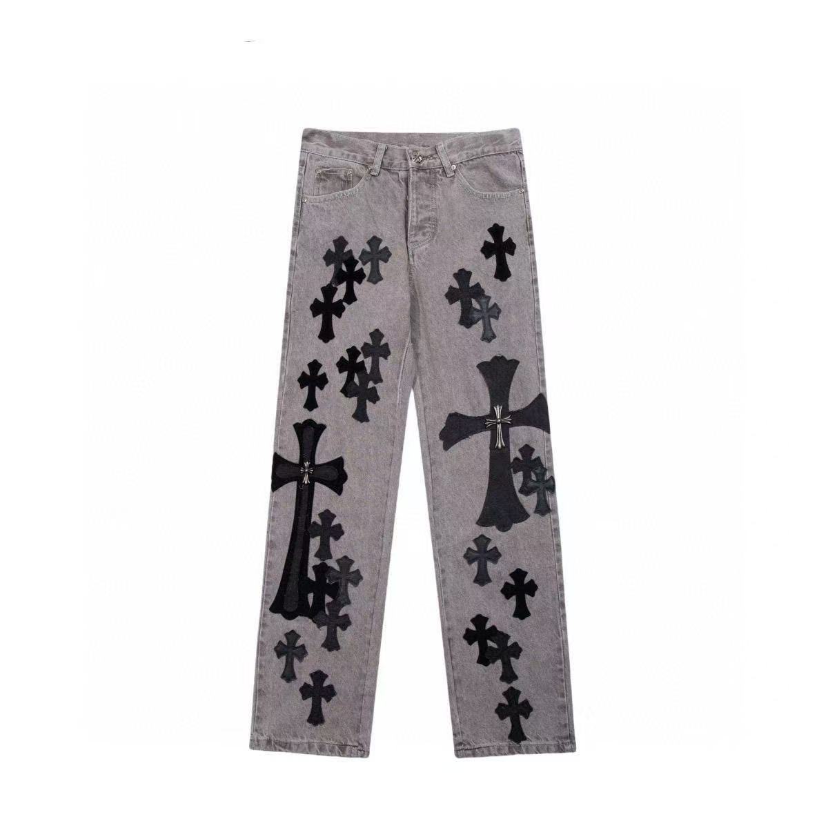 Black cross leather washed grey jeans
