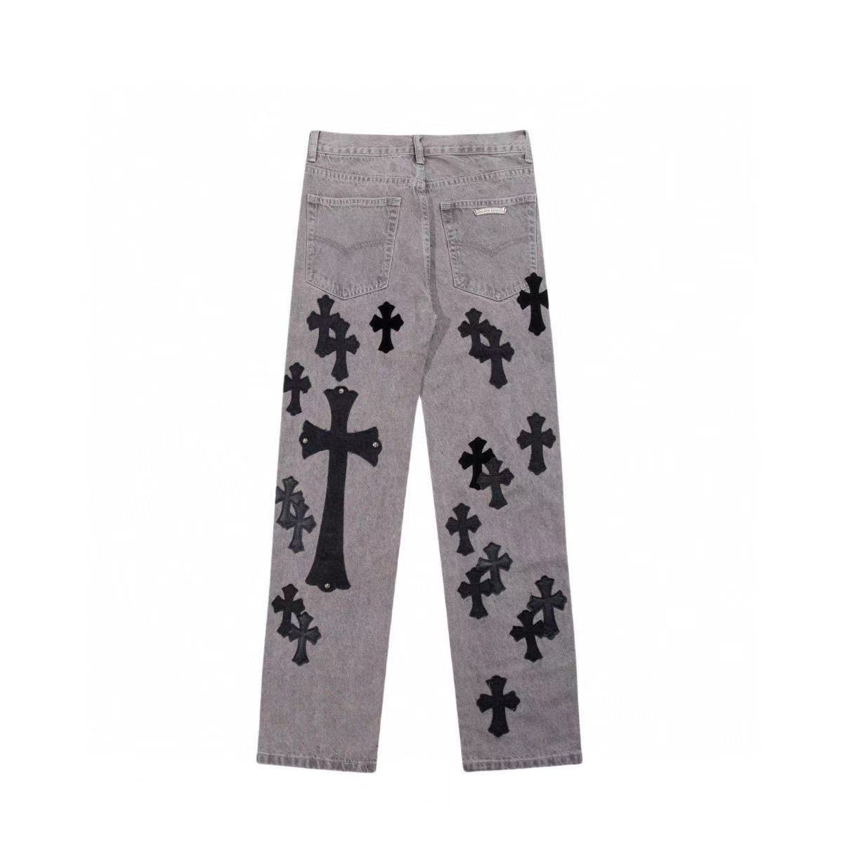 Black cross leather washed grey jeans
