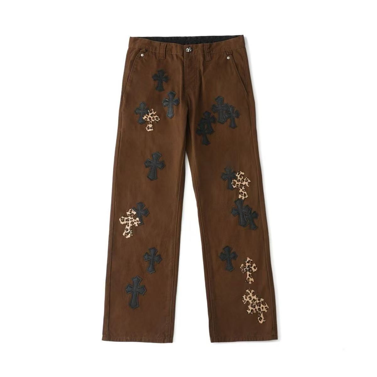 Maillard color series leopard print cross patch brown jeans