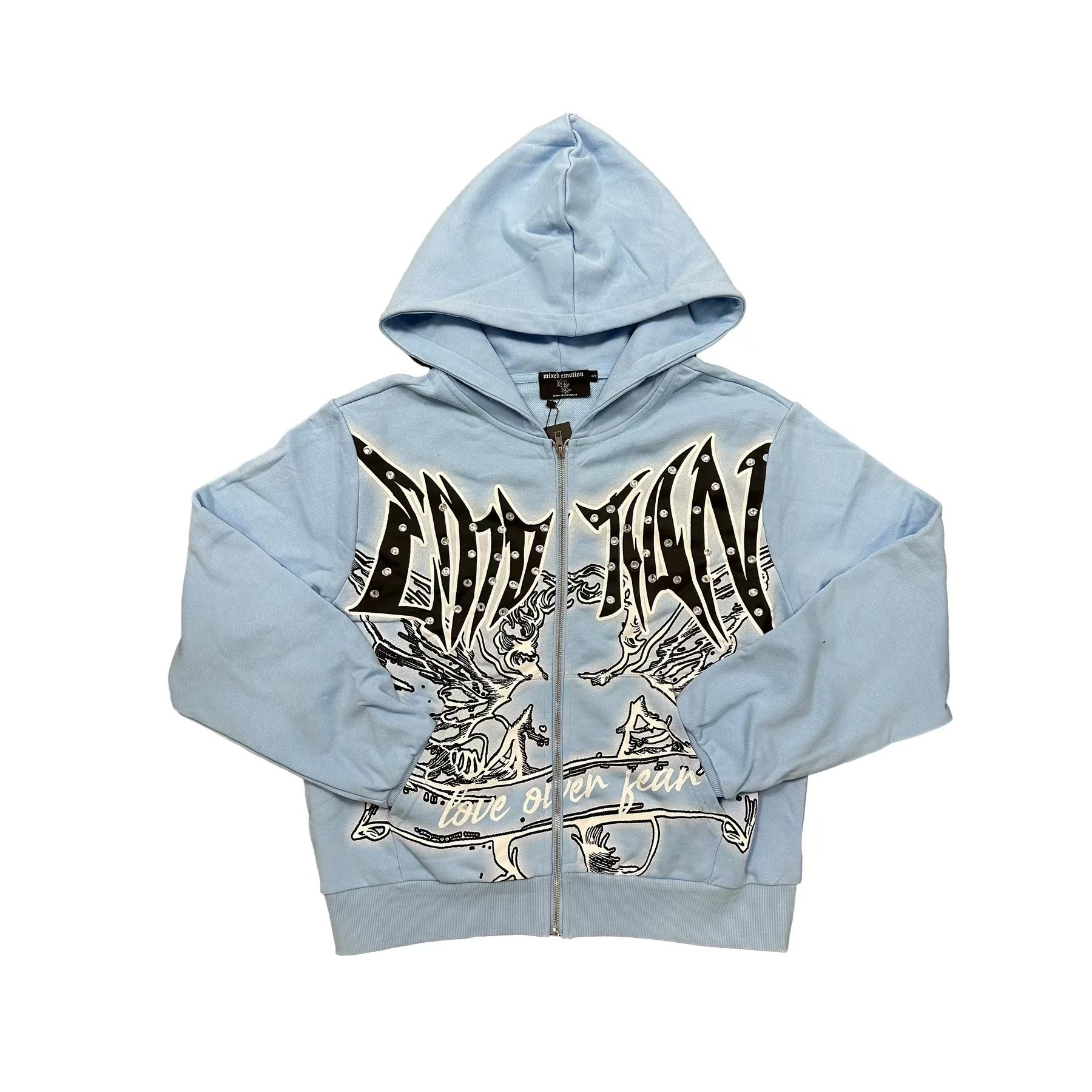 Washed blue zippered hooded sweatshirt