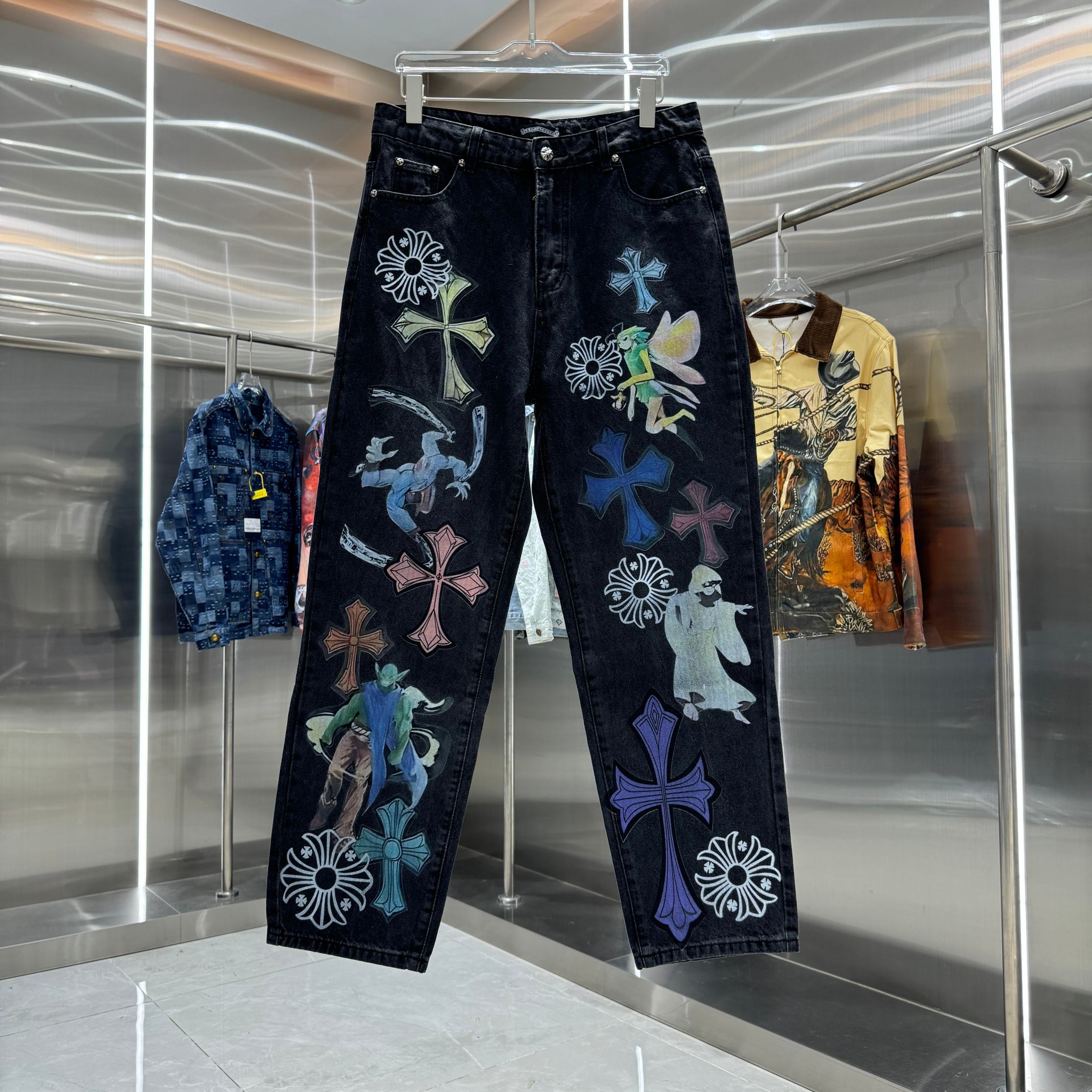 Straight-Leg Jeans with All-Over Cross Cartoon Print