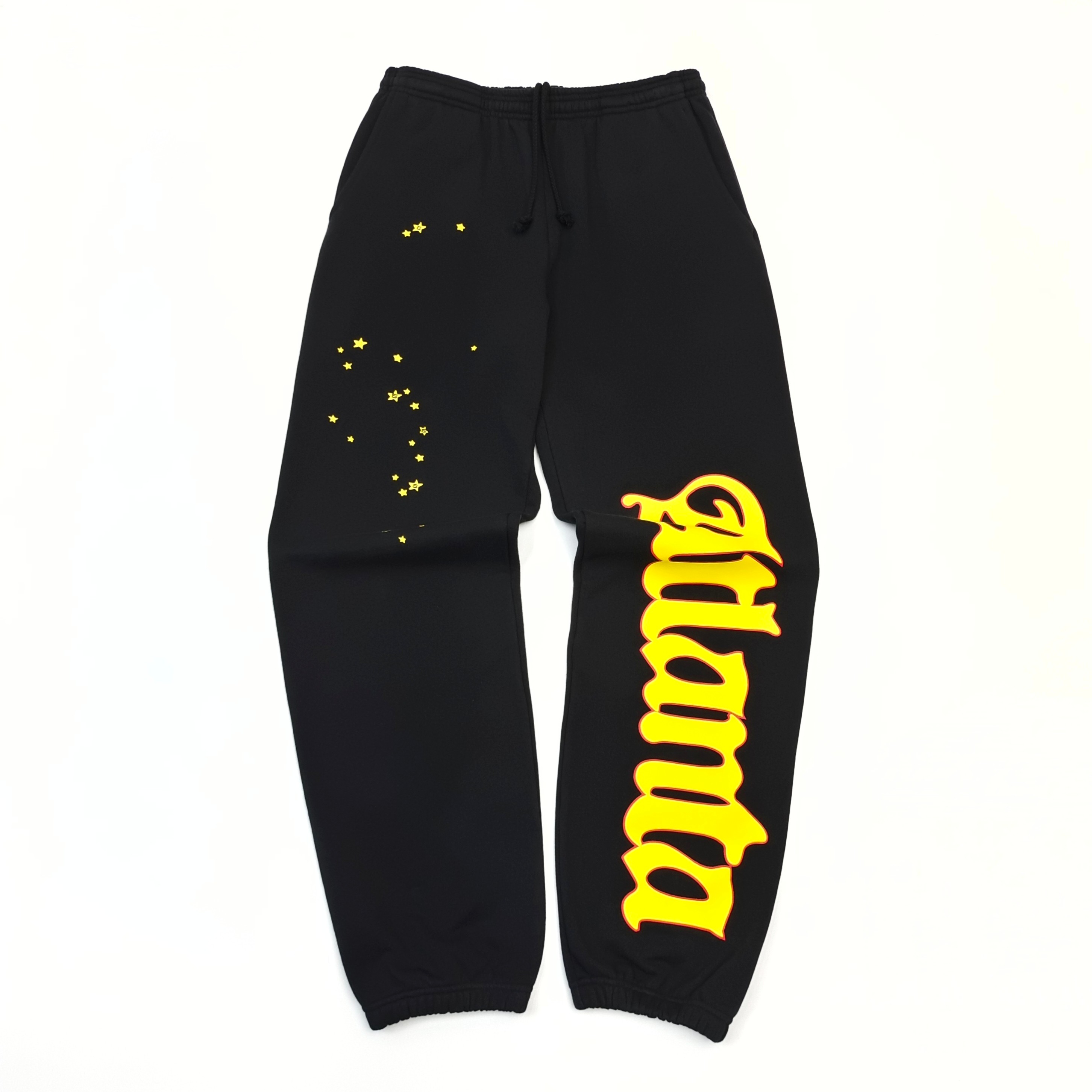 High-quality black sweatpants with yellow lettered prints