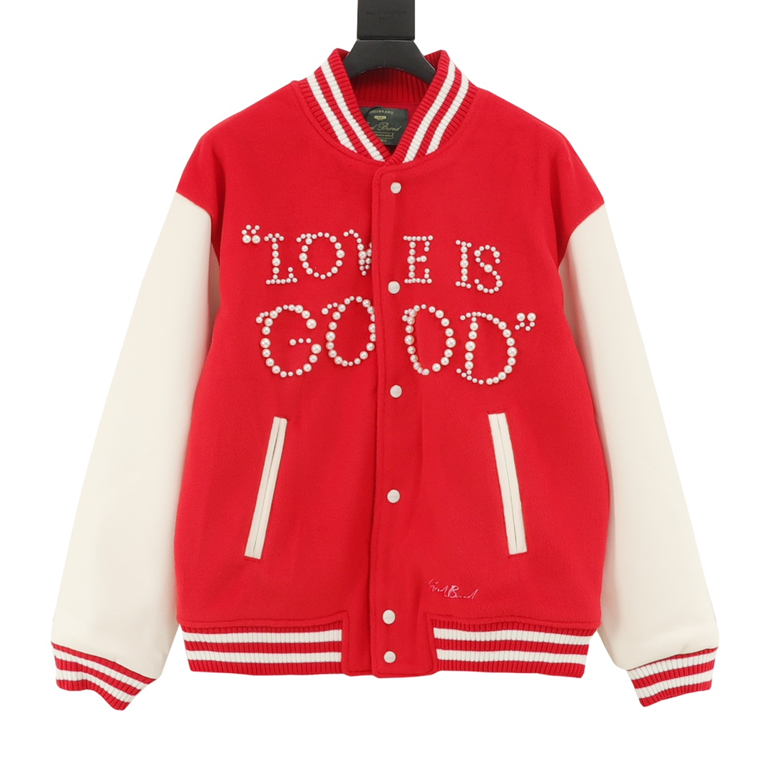 Red and white color-blocked baseball jackets on the street