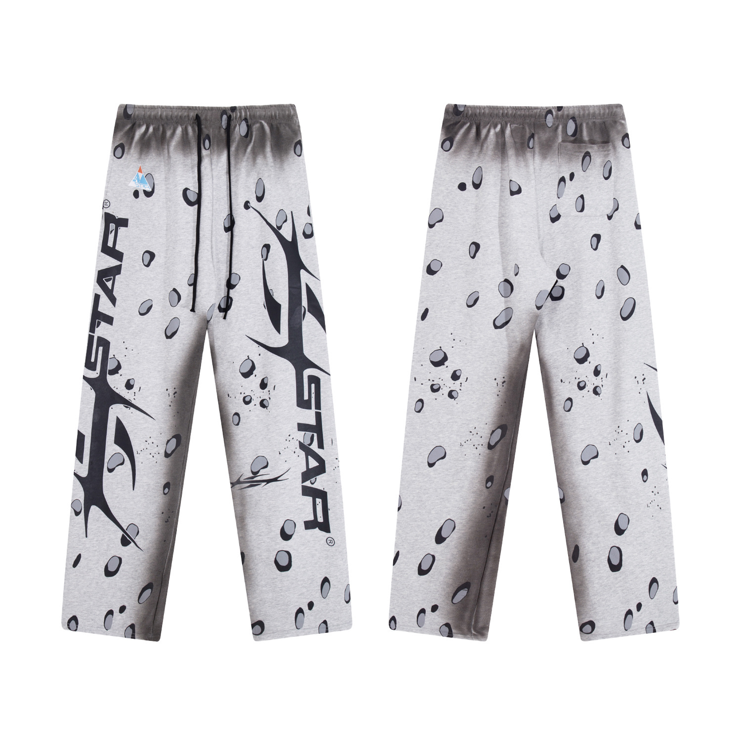 Design starry-sky patterned distressed wash grey and a jet-black distressed pants
