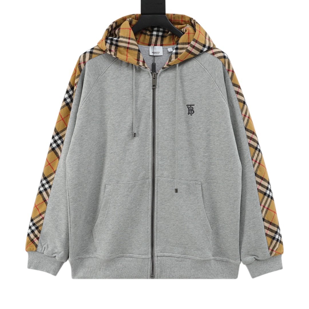 Embroidered TB checkered patchwork zipper hoodie jacket