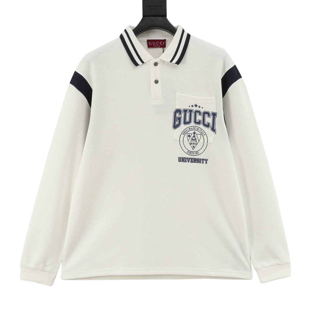 Letter-embroidered lapel long-sleeved polo shirt
