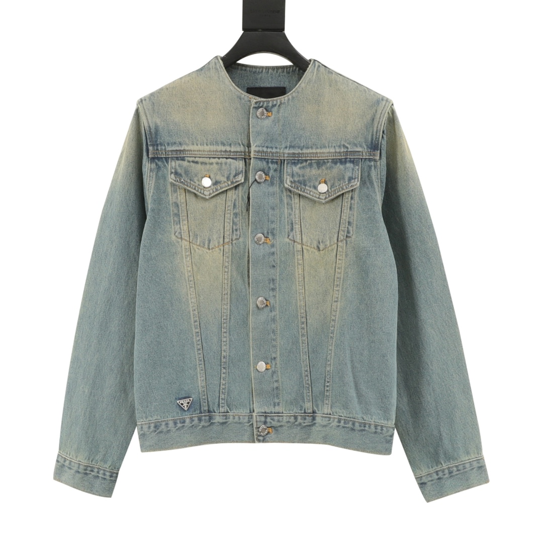 Classic solid-color washed round-neck denim jacket