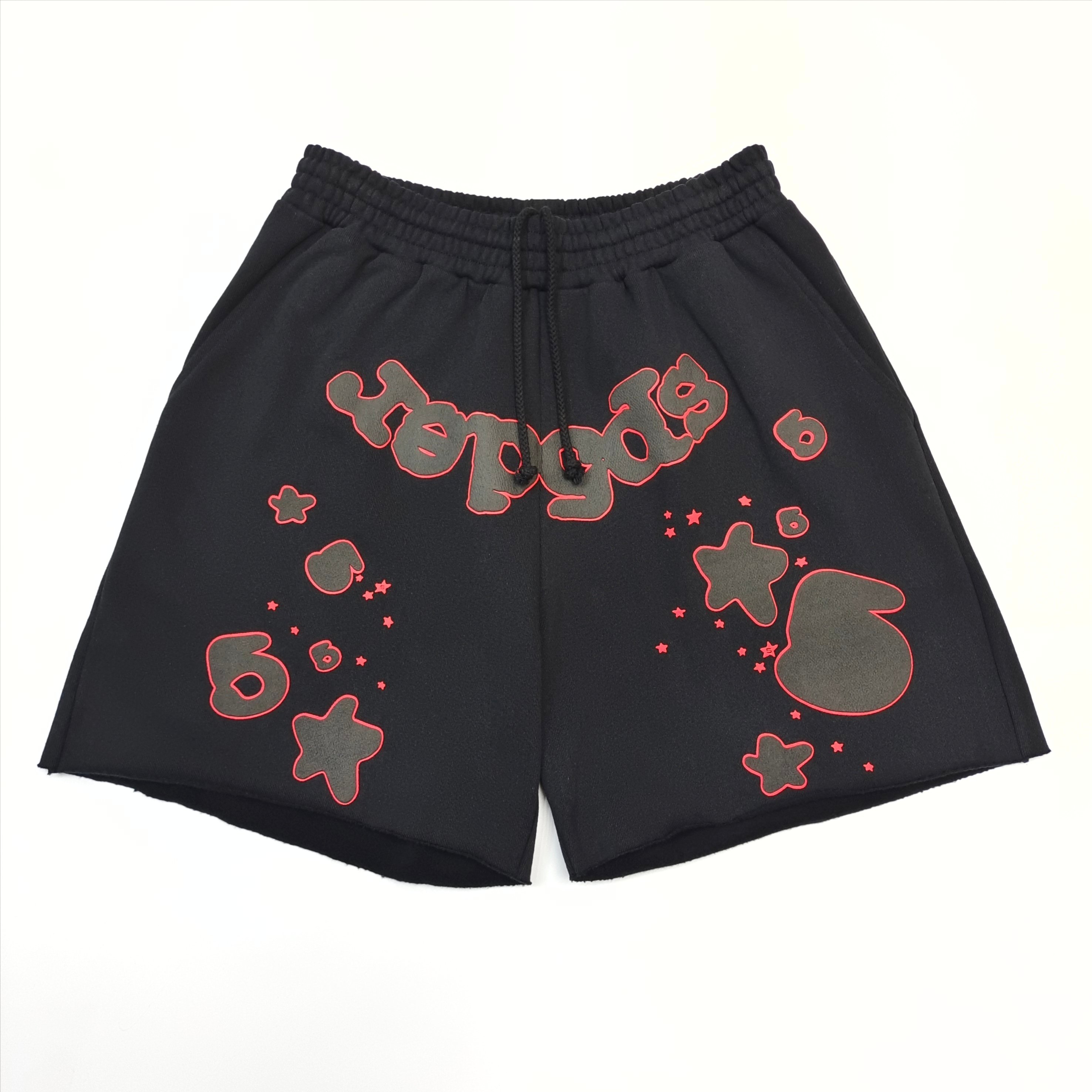Black lettered red border star shorts