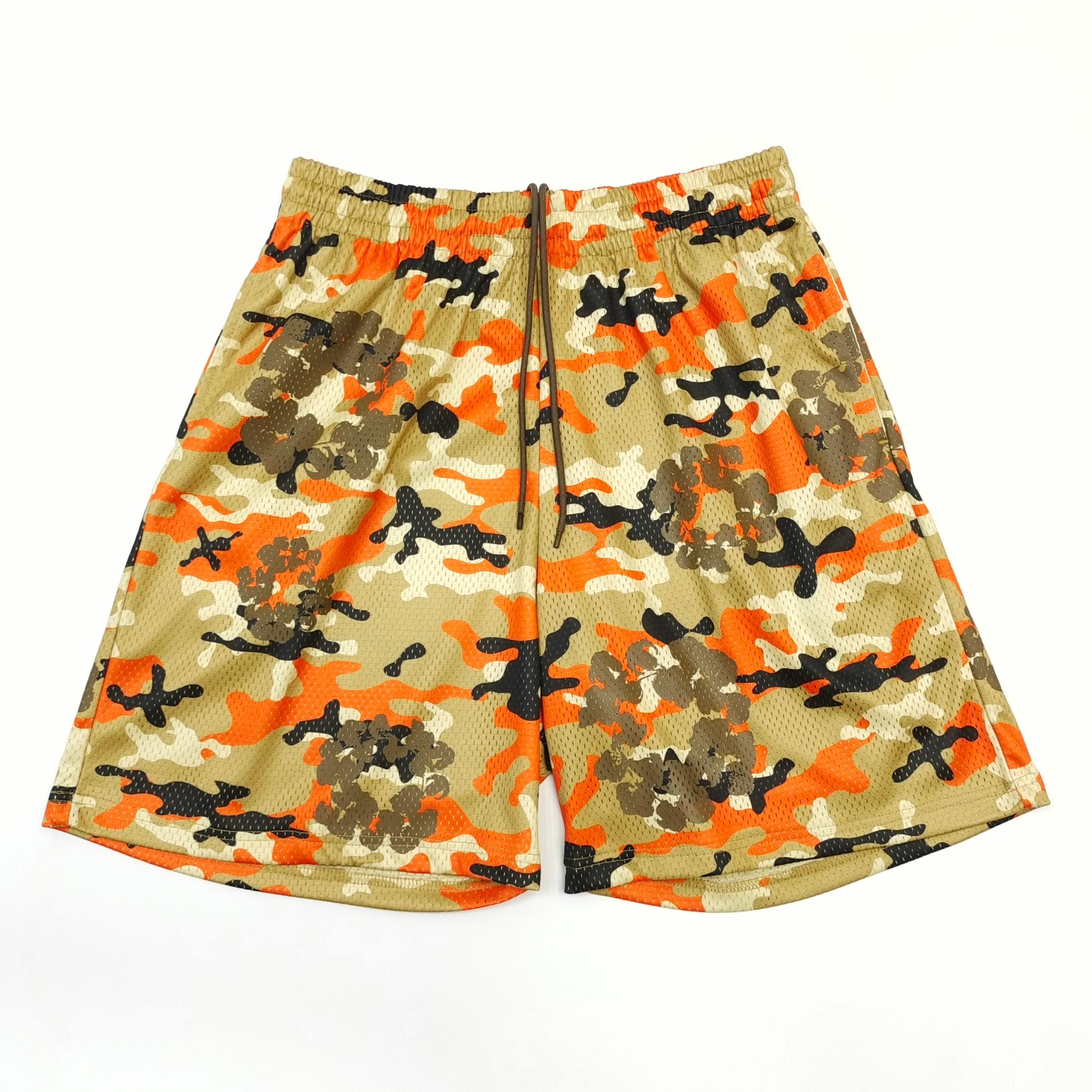 Orange and brown camouflage mesh shorts
