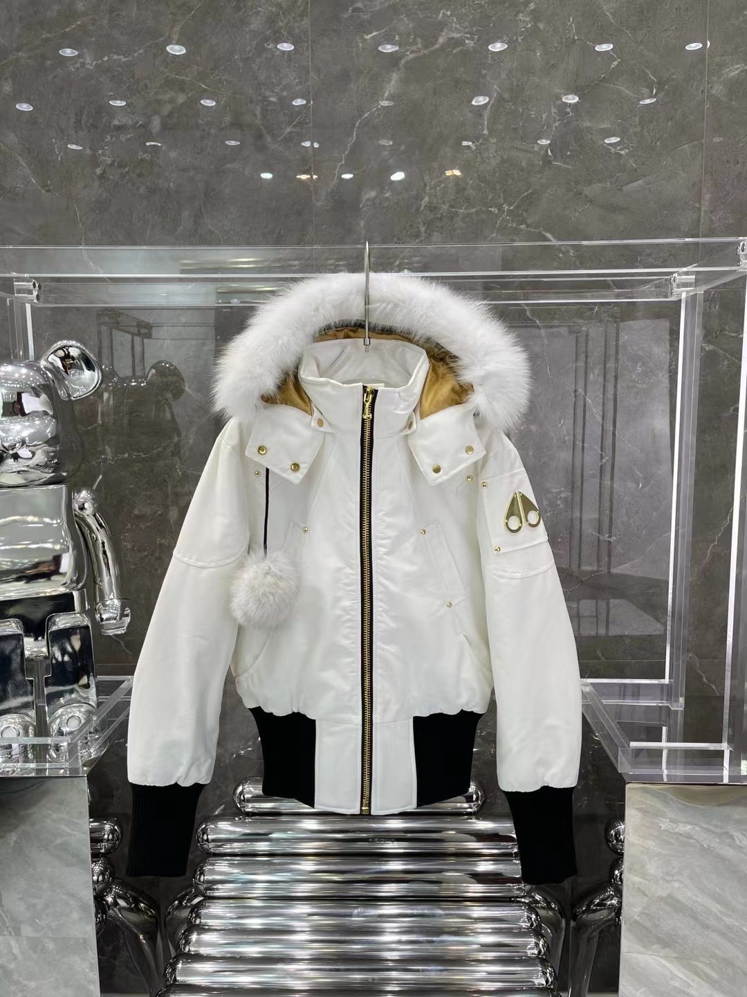 MK women's short down jacket white and grey fur