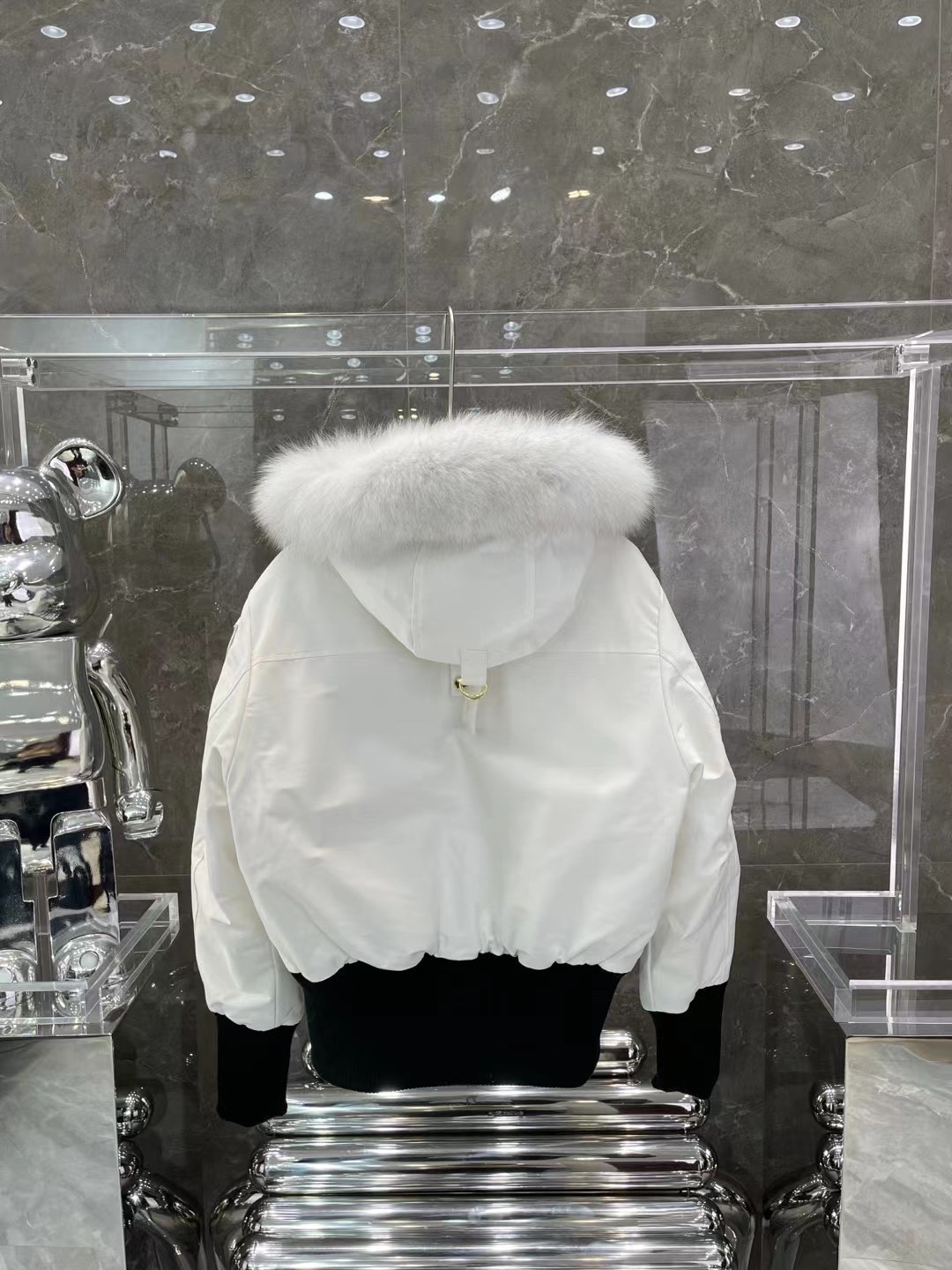 MK women's short down jacket white and grey fur