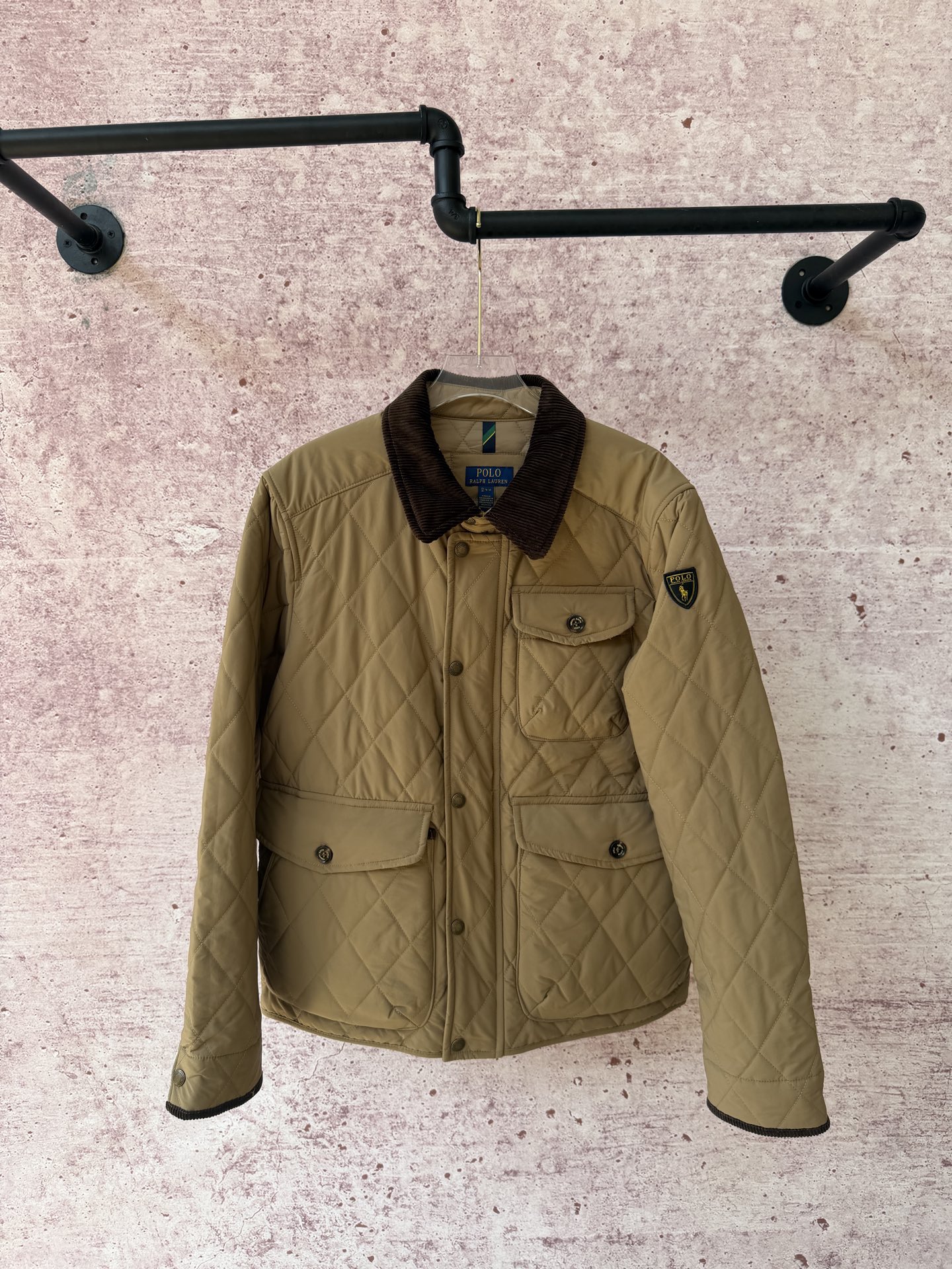 New deep brown diamond-shaped checkered workwear cotton-padded jacket