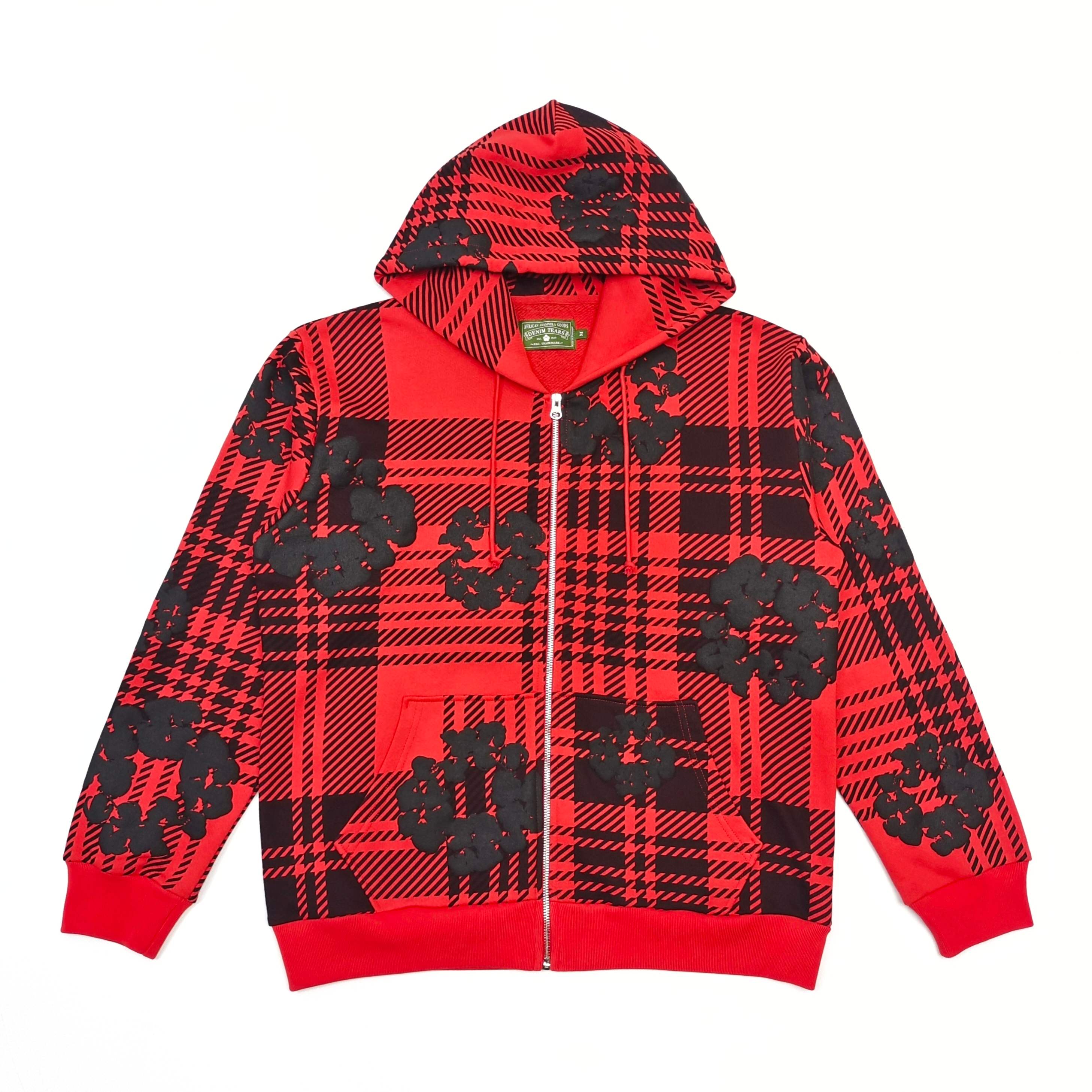 A red zipper shirt made of cotton flowers in a checkered pattern