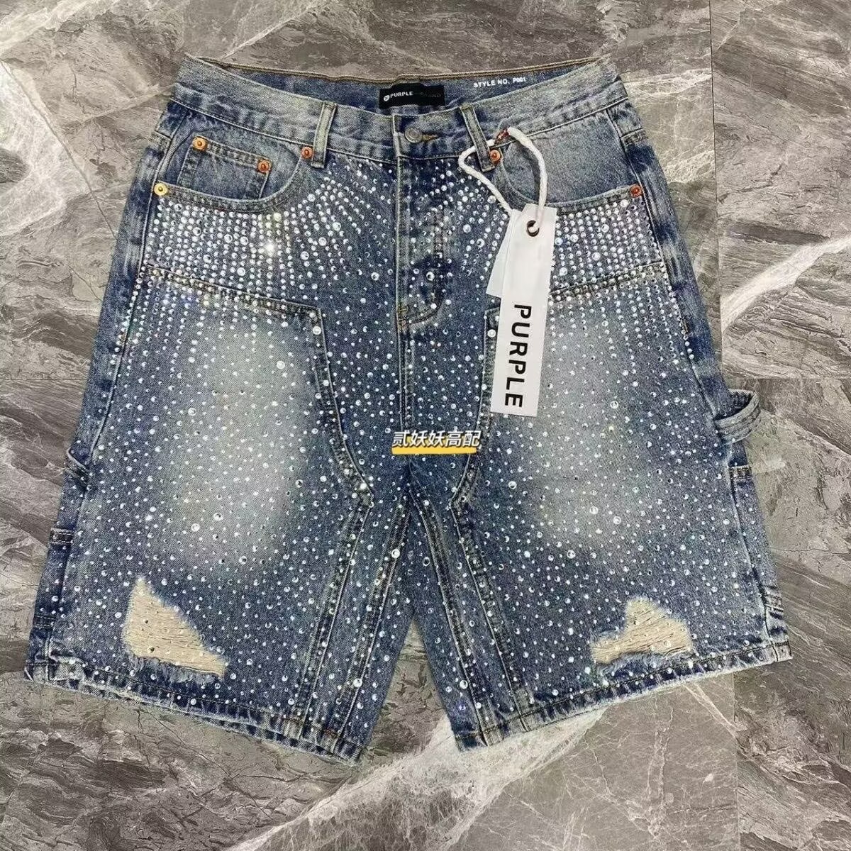 1:1 blue rhinestone jeans short