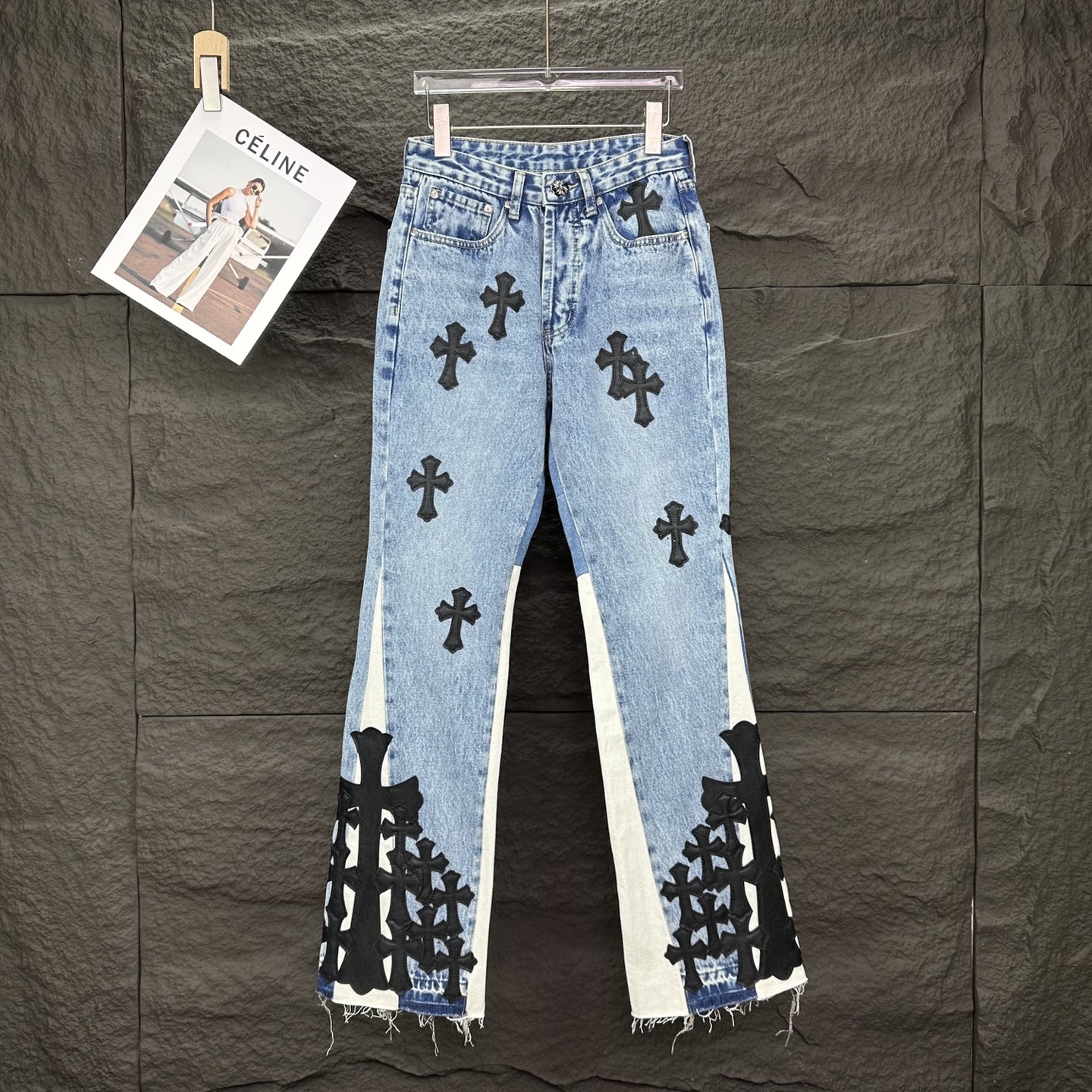 New limited edition patchwork black large cross leather couple's slightly flared jeans