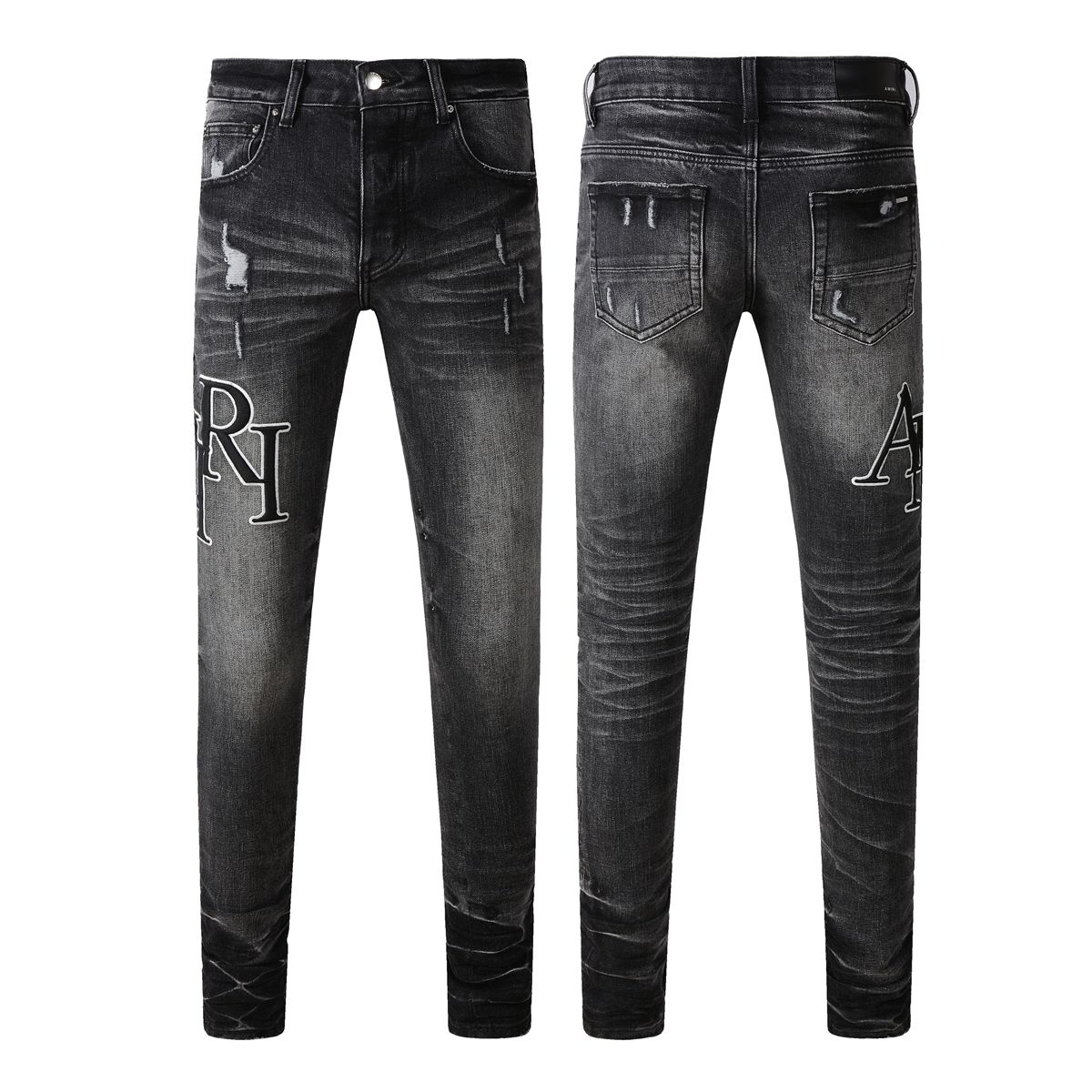 High Street black fashion letter-embroidered jeans