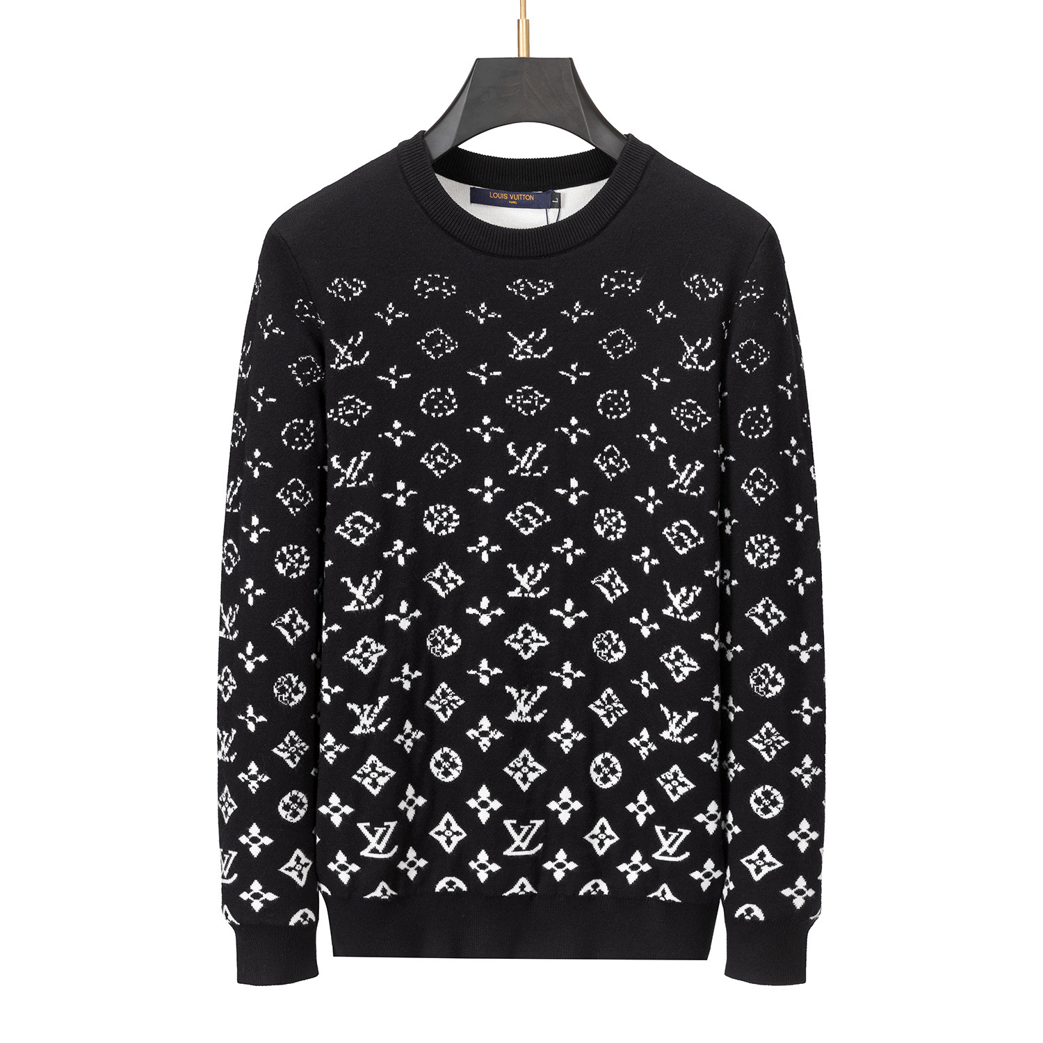 Black round-neck long-sleeved shirt with gradient monogram print