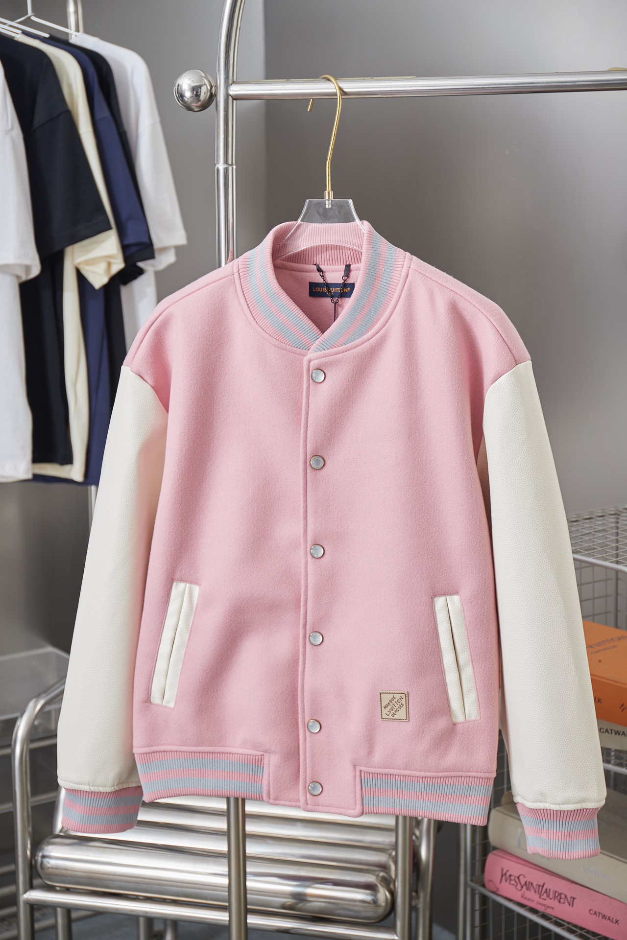 New tweed embroidered patchwork sleeve baseball jacket