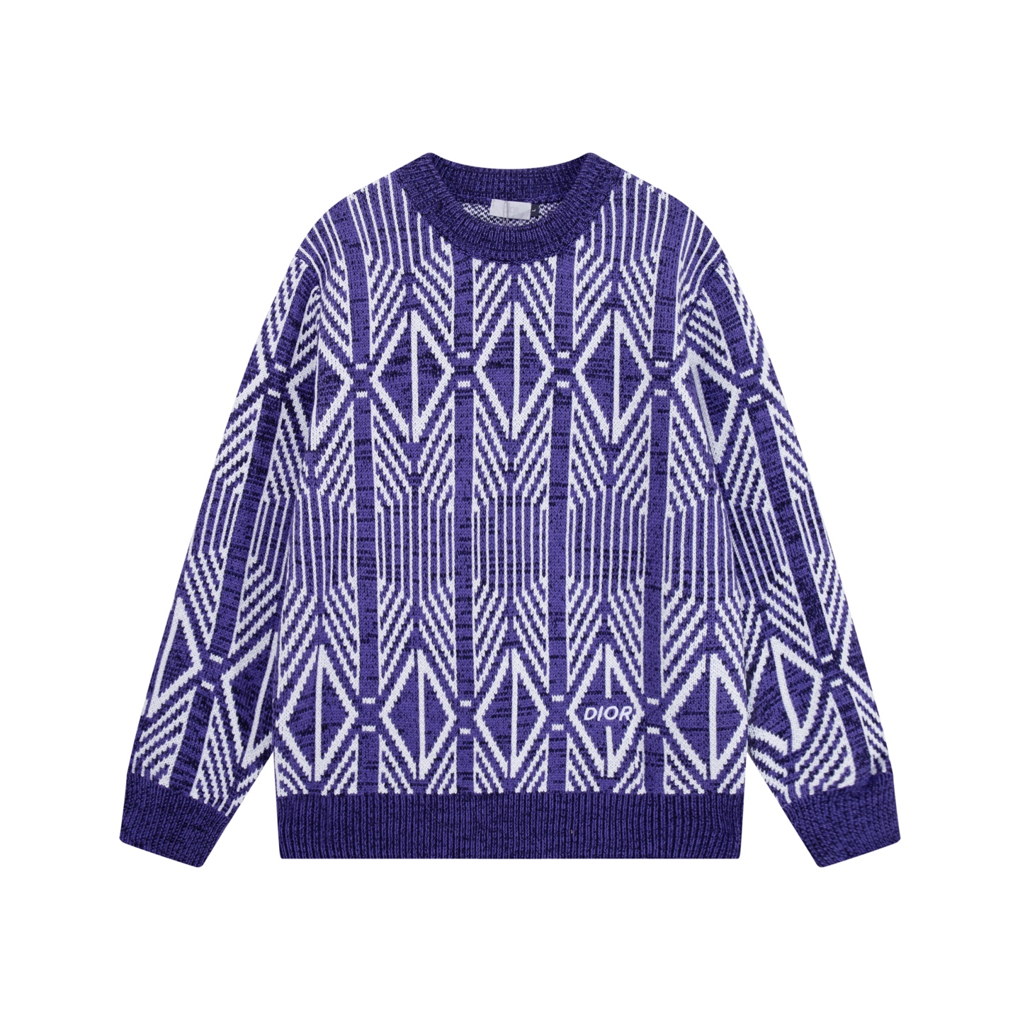 Purple diamond-shaped square pattern logo embroidered round-neck wool sweater