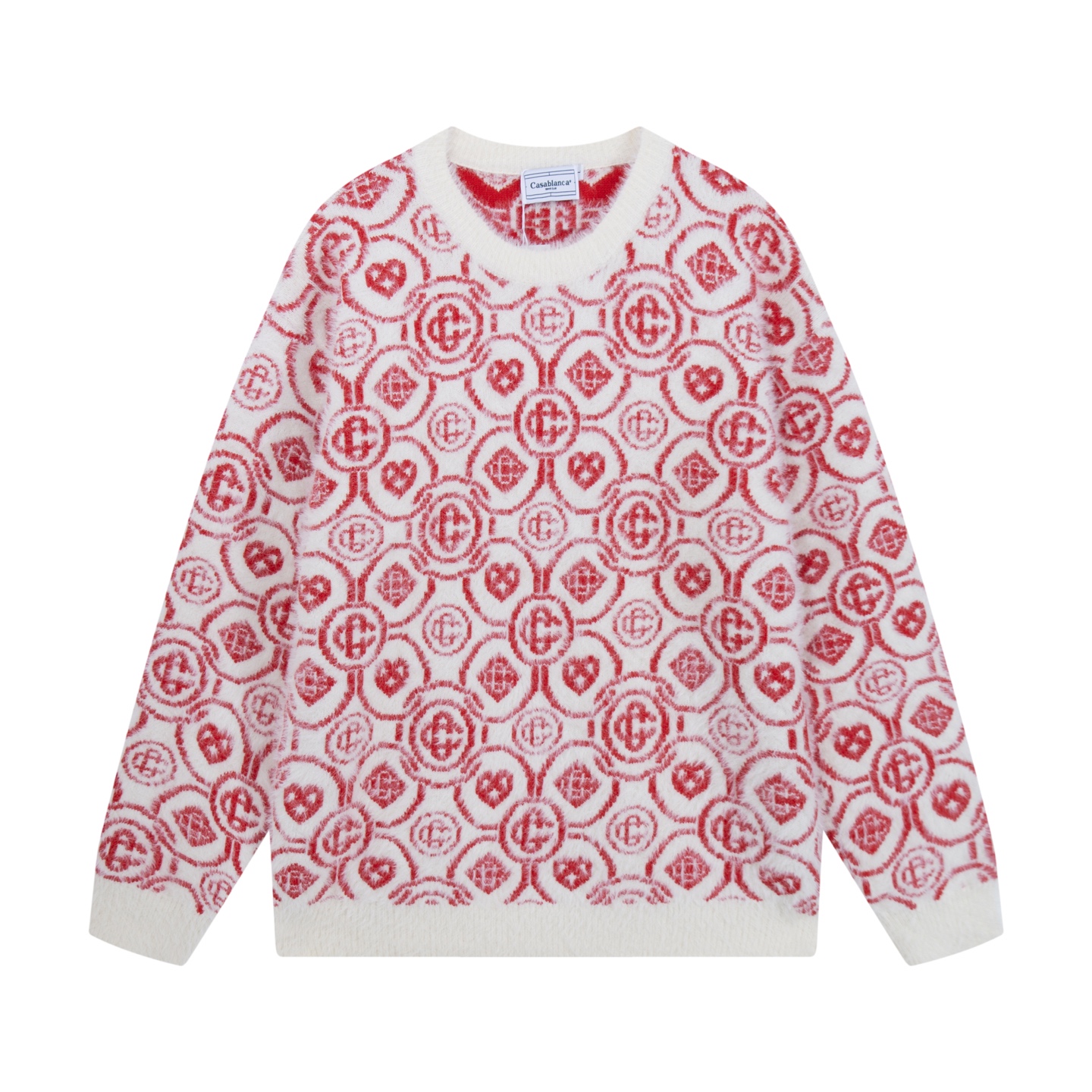 A new style of knitted wool sweater fully printed with a red logo