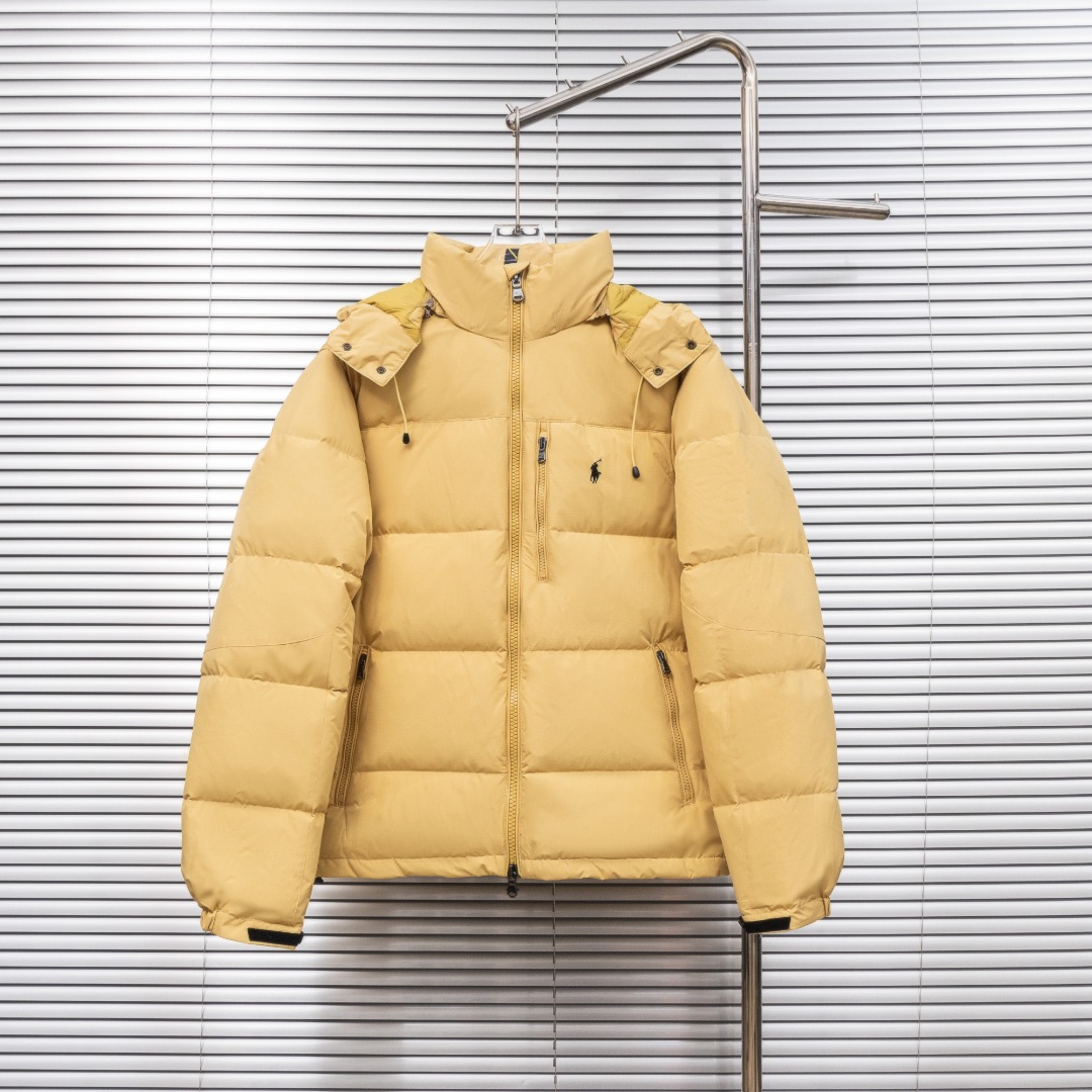 A light yellow embroidered knitted down jacket with small labels