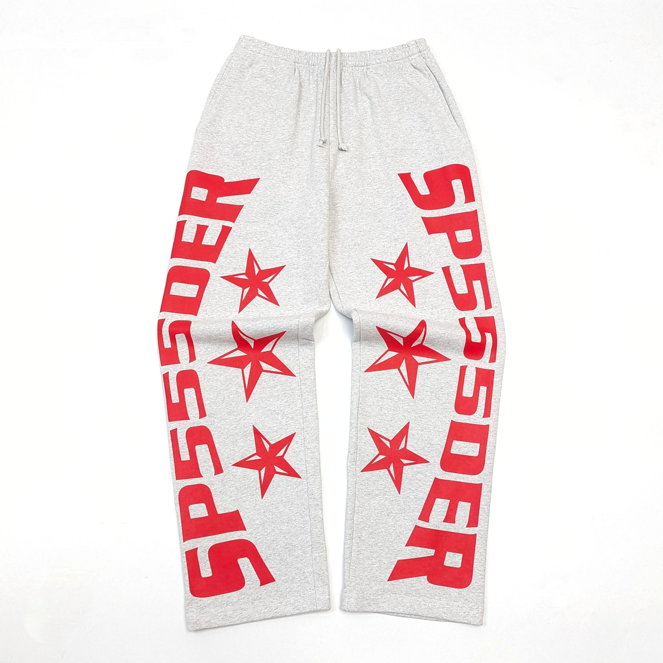 1:1 SP straight-leg pants in light gray with red letters on both legs