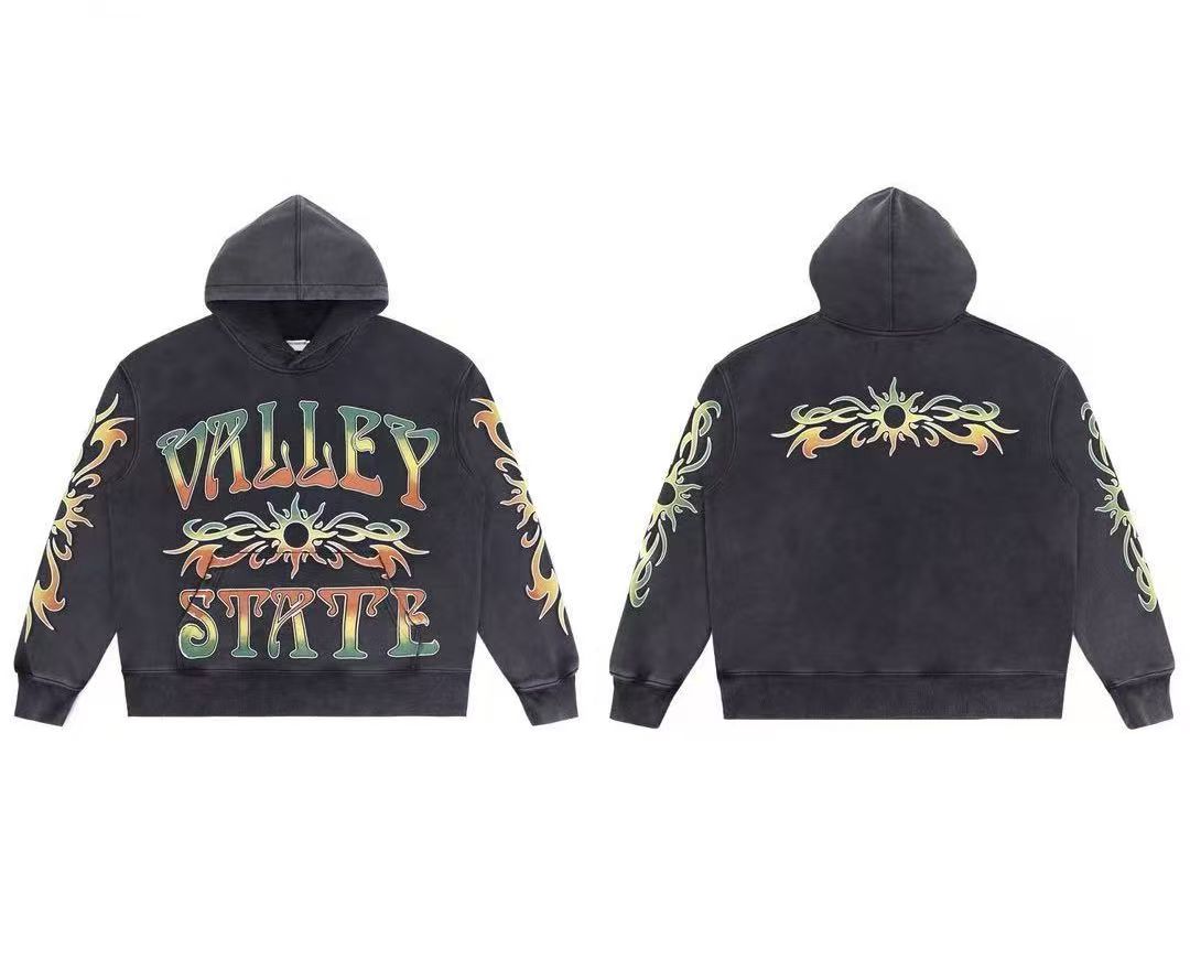 Black washed distressed retro printed hooded sweatshirt