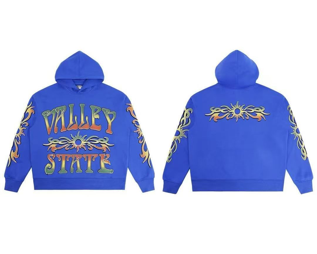 Blue washed distressed retro printed hooded sweatshirt