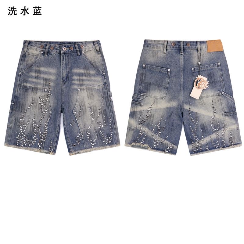 New Stitched diamond pattern jeans, distressed vintage denim shorts