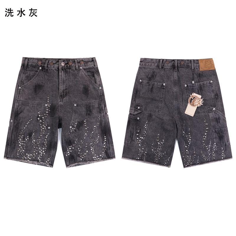New Stitched diamond pattern jeans, distressed vintage denim shorts