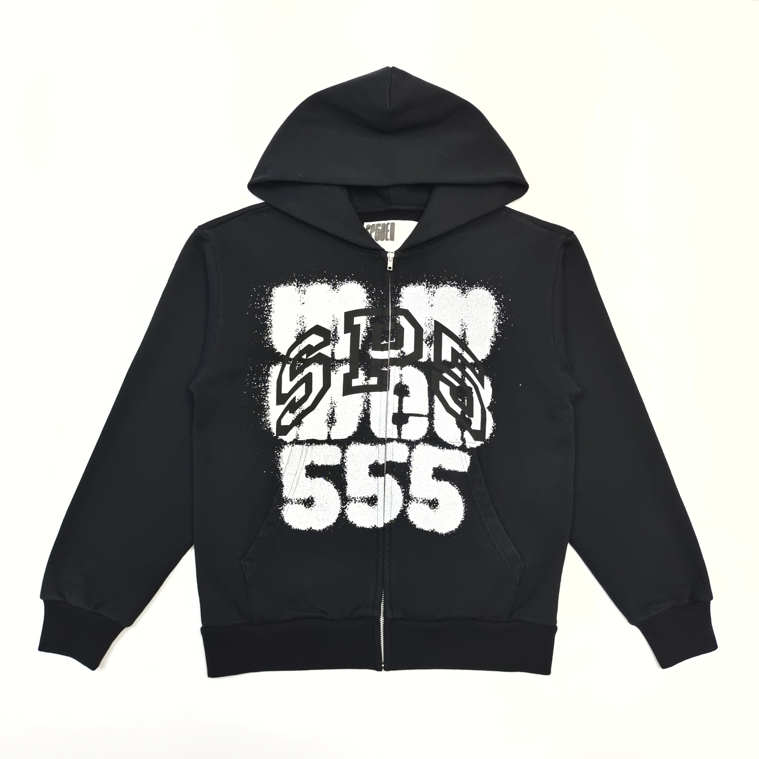 Black with white letters and a black zipper shirt