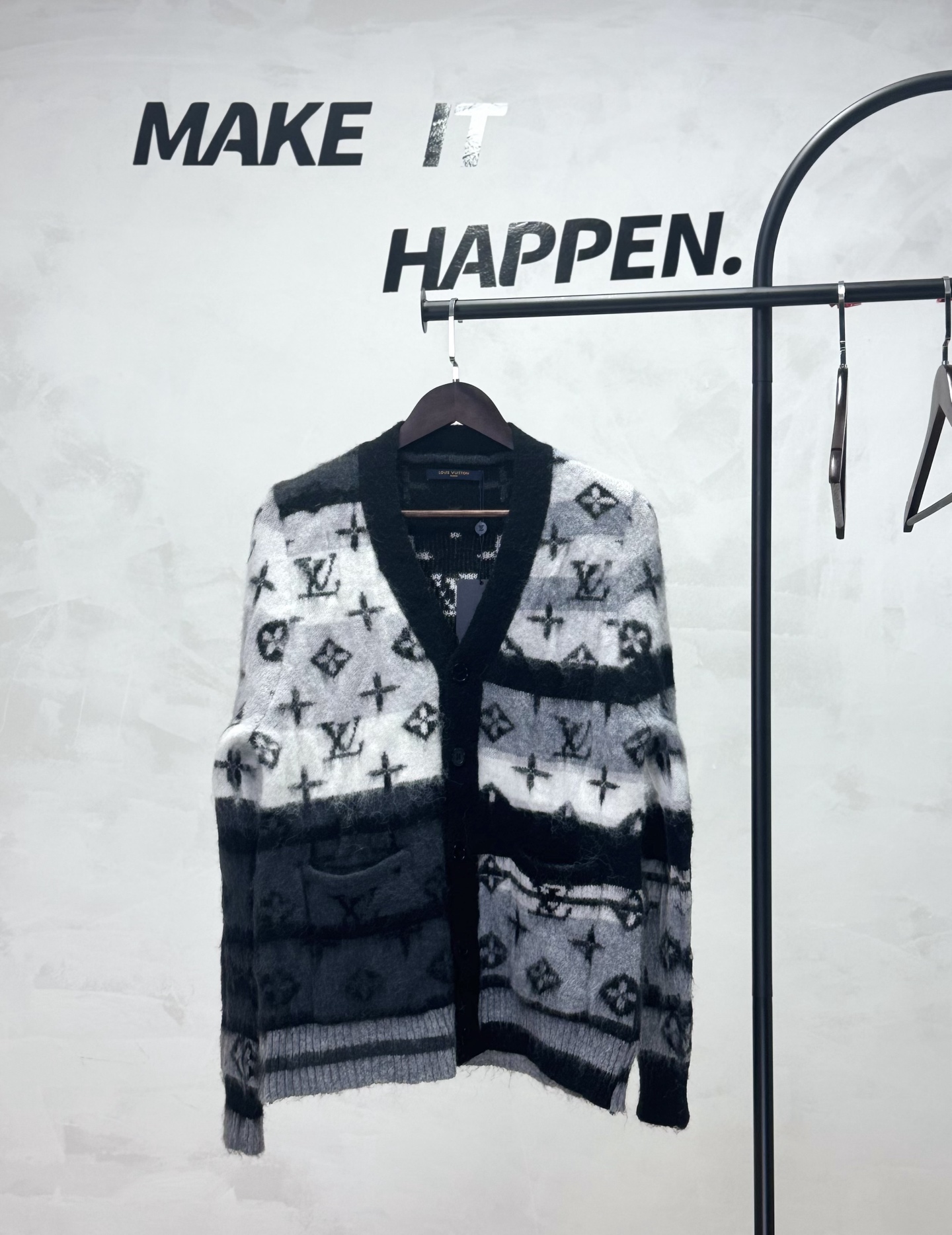 Monochrome full-print striped gradient logo mohair knitted jacquard cardigan sweater
