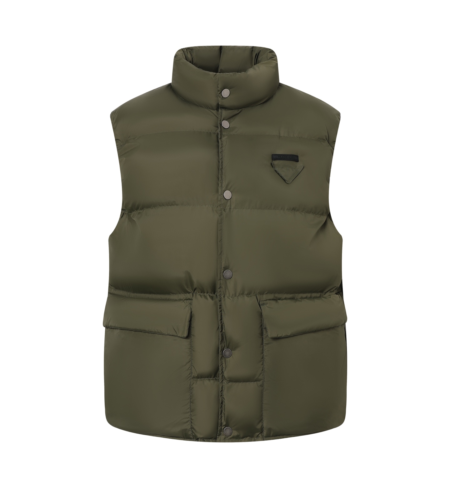 Dark green triangular label covered down vest