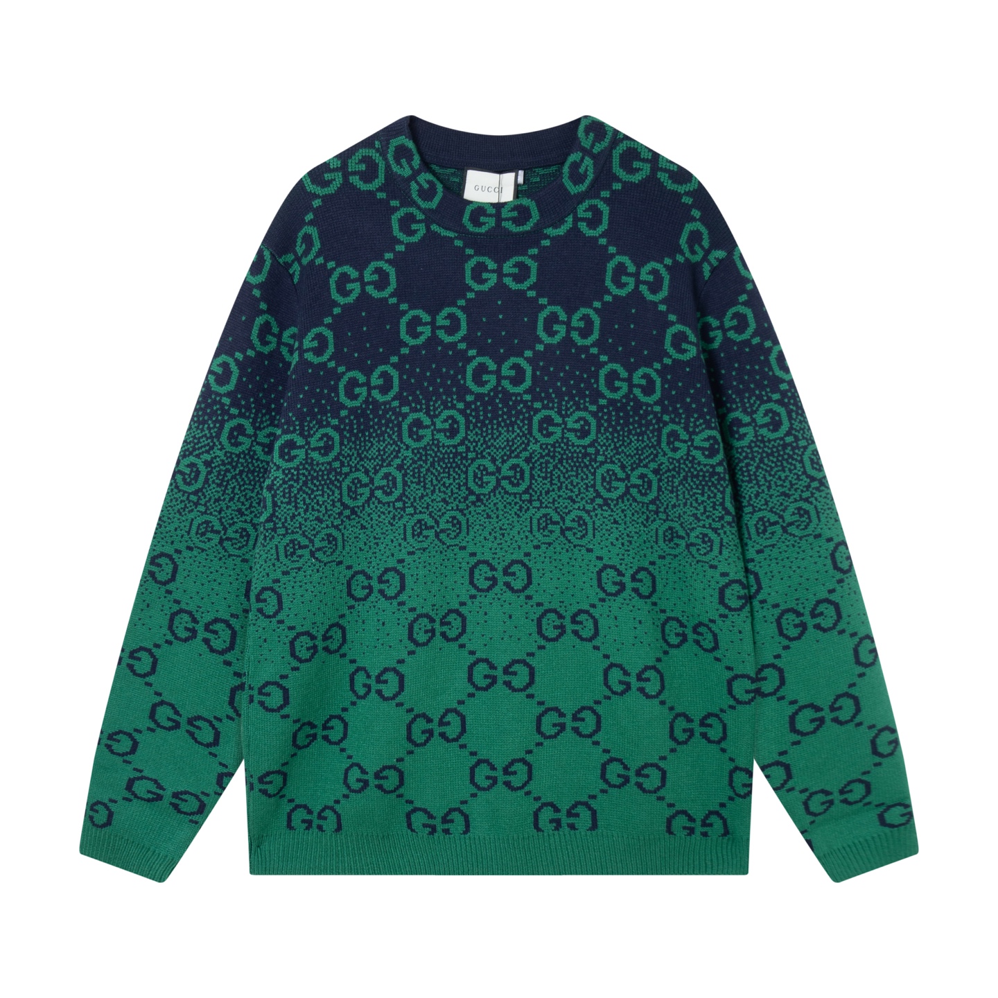 A blue and green dark pattern gradient logo jacquard round-neck sweater