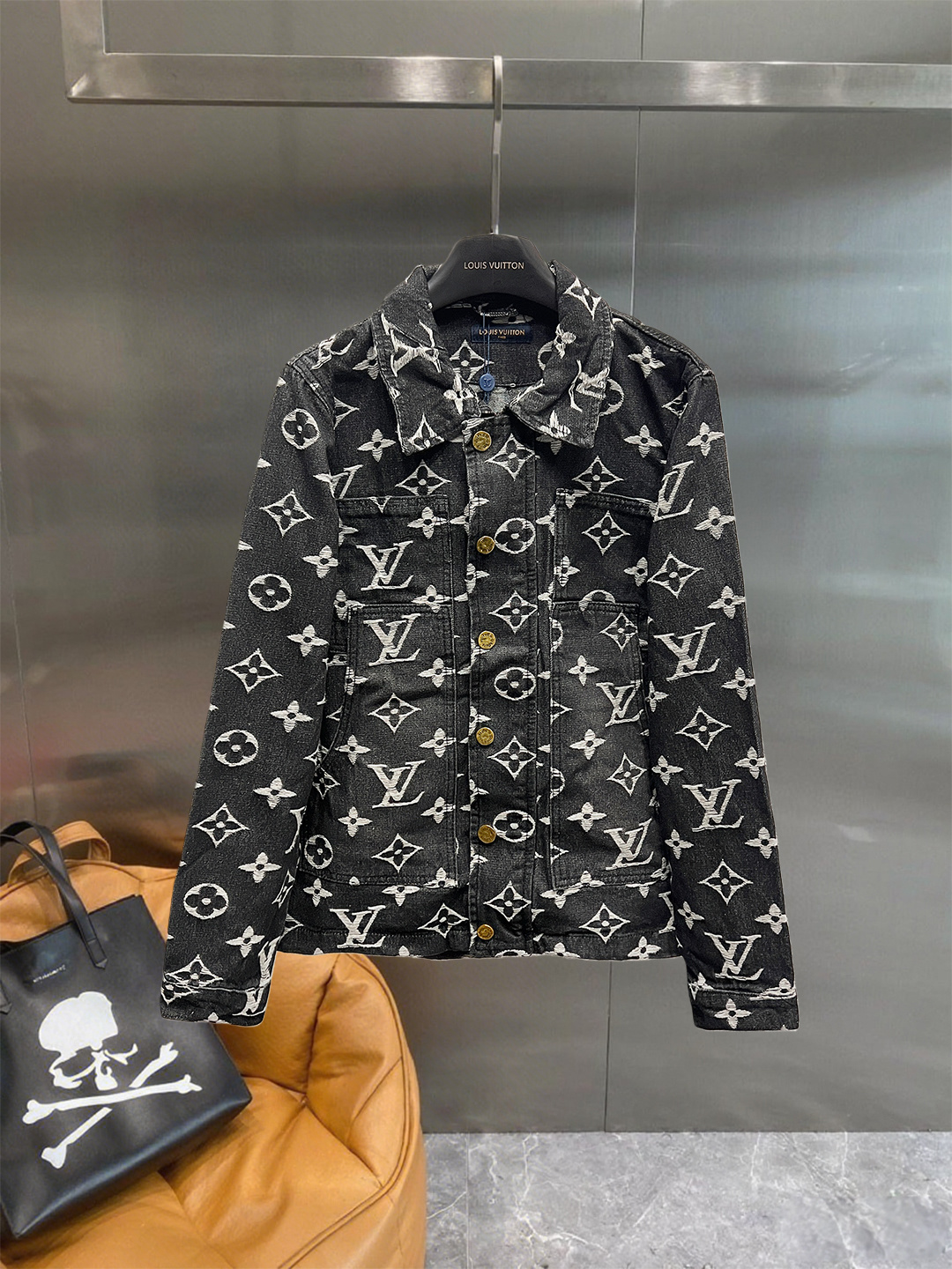 A fully printed logo jacquard denim jacket
