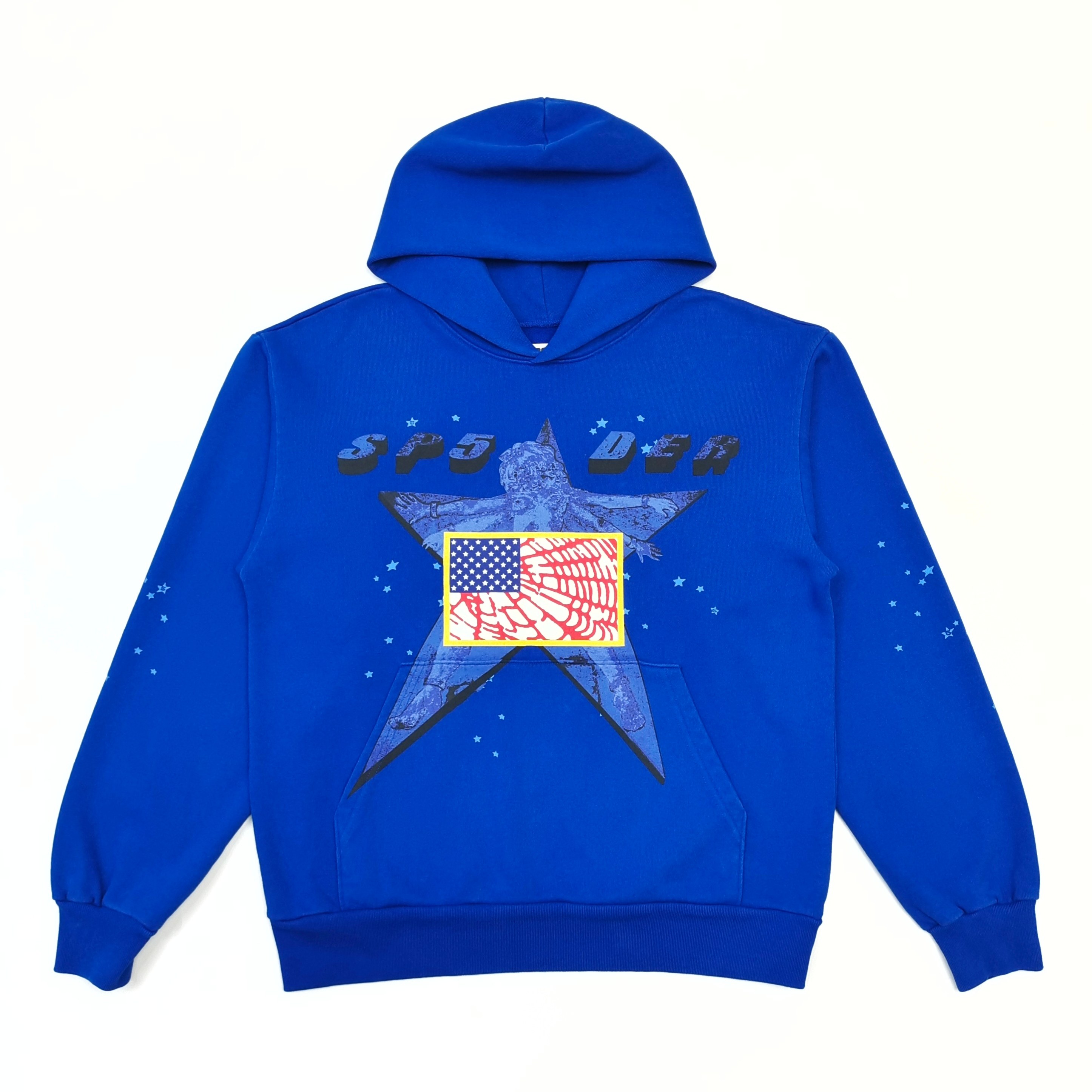 A blue hooded sweatshirt with three-dimensional letters of stars