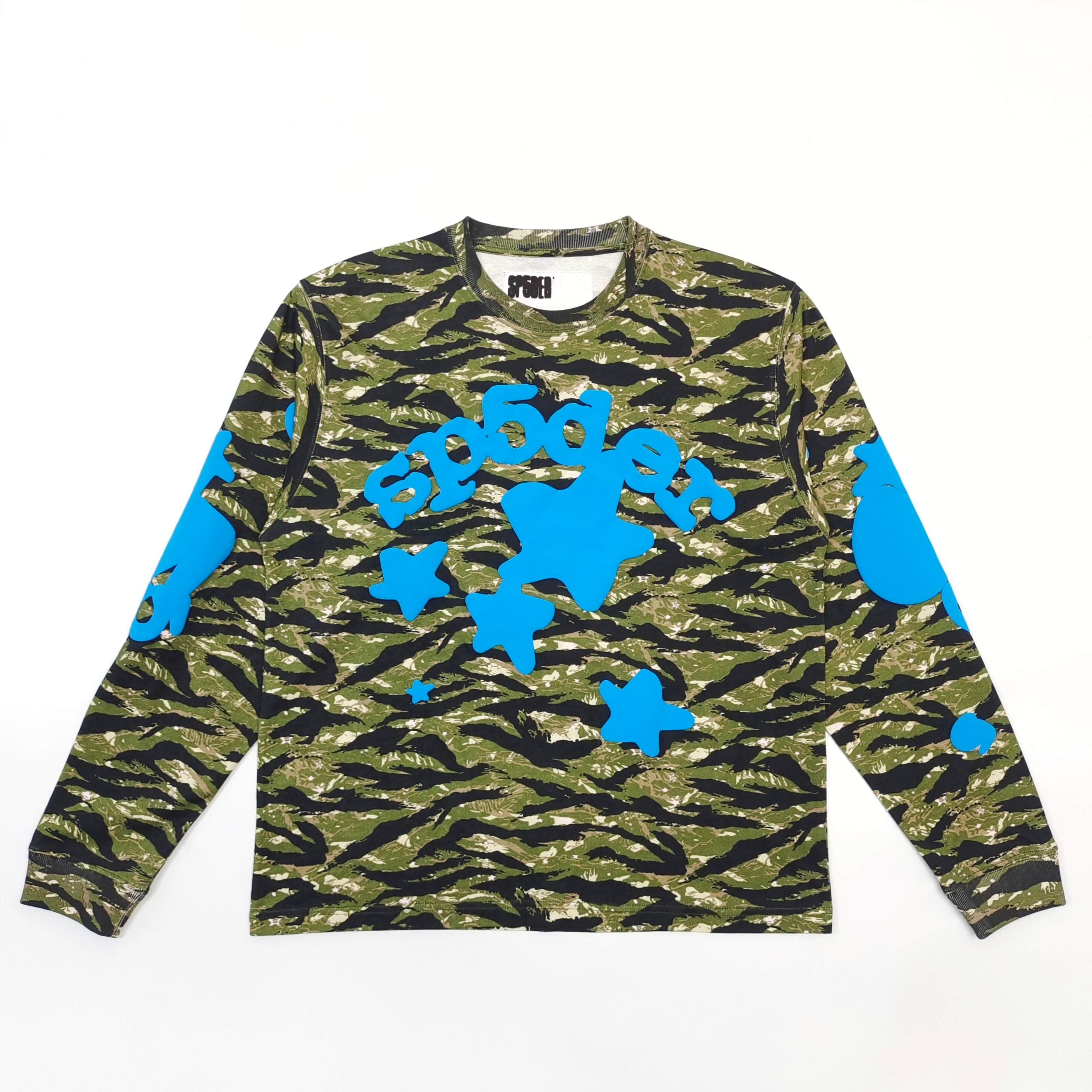 1: Blue Star Tiger Pattern Green Camouflage Long Sleeve Shirt