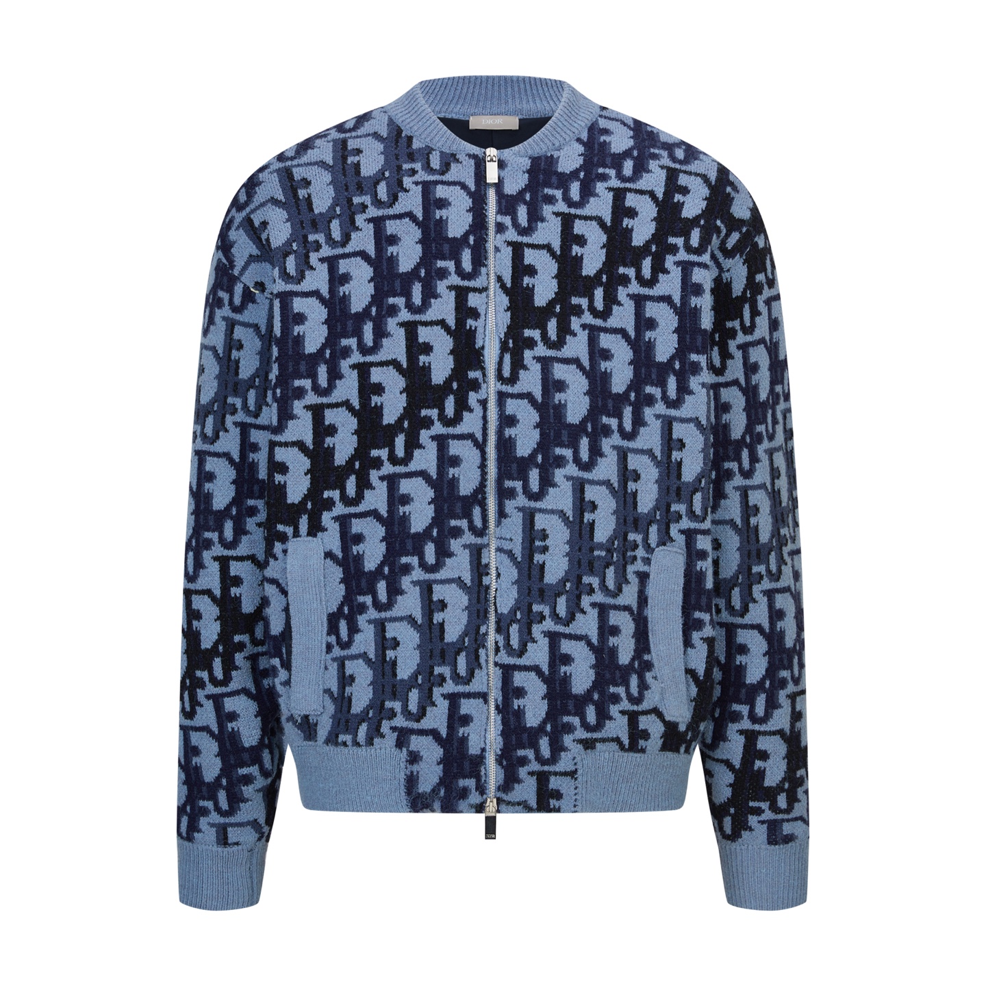 Blue full-width jacquard knitted zipper coat